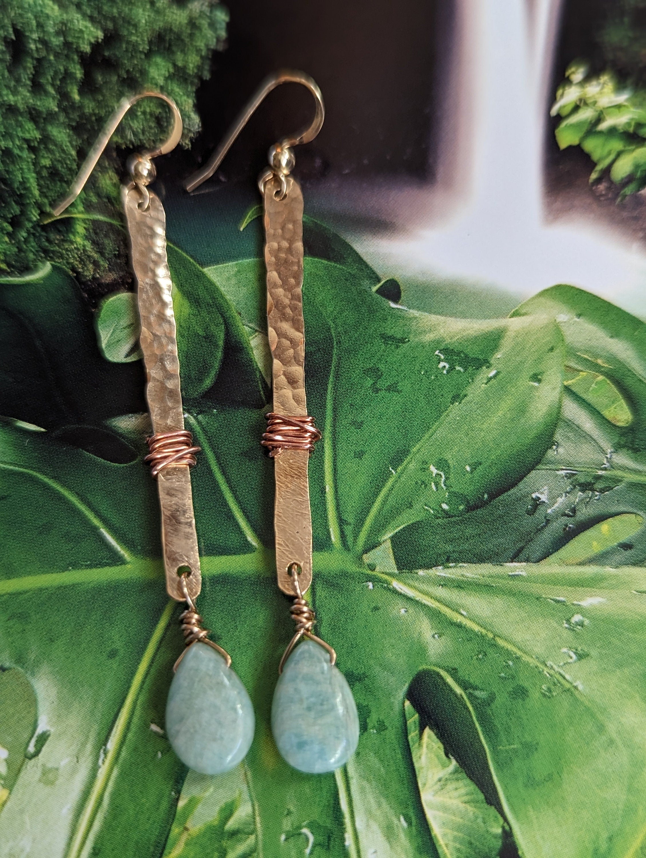 Hana Amazonite Teardrop Bar Earrings - Handcrafted Fine Jewelry by ShellDance Designs, Kona Hawaii