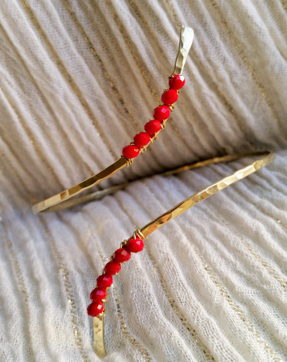 Nohea Hammered Wire Upper Arm Cuff With Red Glass Beads - Handcrafted Fine Jewelry by ShellDance Designs, Kona Hawaii