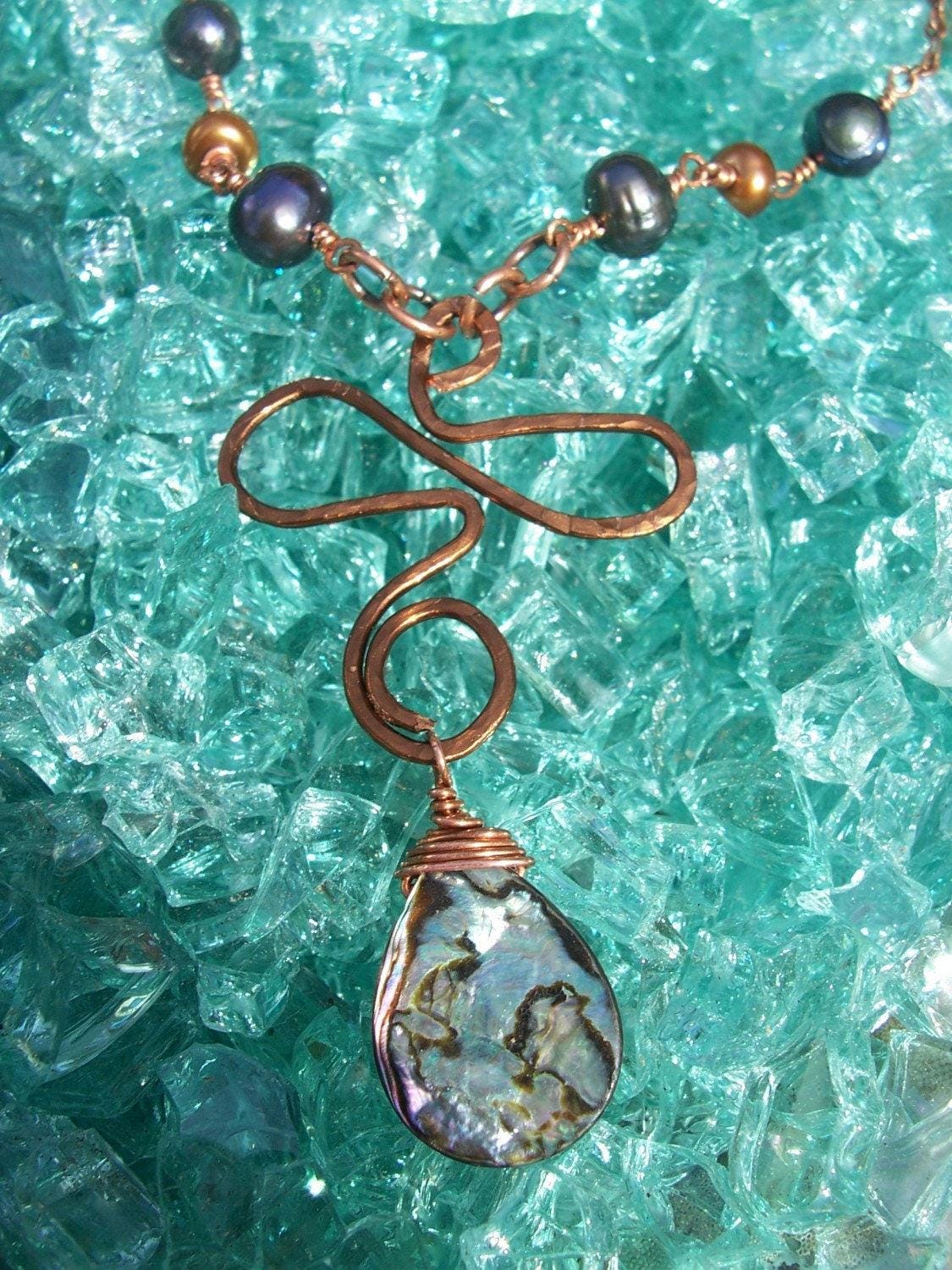 Lanikai Wire Wrapped Abalone Necklace - Copper Scroll - Handcrafted Fine Jewelry by ShellDance Designs, Kona Hawaii