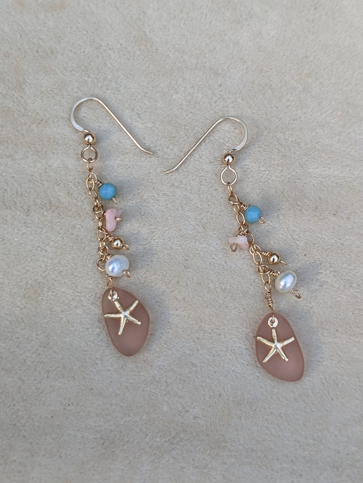 Seaglass Starfish Dangle Earrings - 14k Gold Filled - Handcrafted Fine Jewelry by ShellDance Designs, Kona Hawaii