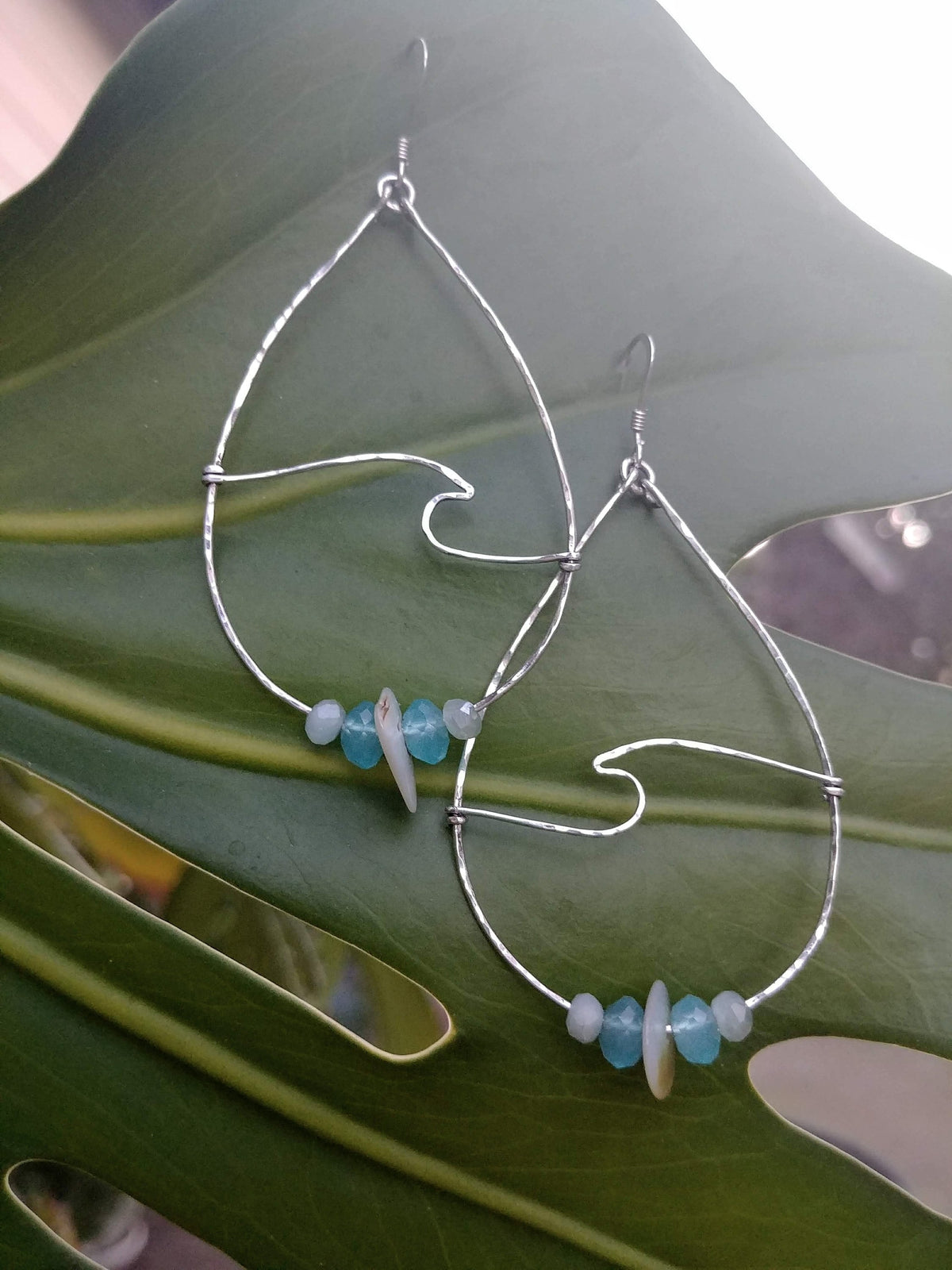 Dainty Wave Teardrop Earrings - Sea Blue Beaded Hoops - Handcrafted Fine Jewelry by ShellDance Designs, Kona Hawaii
