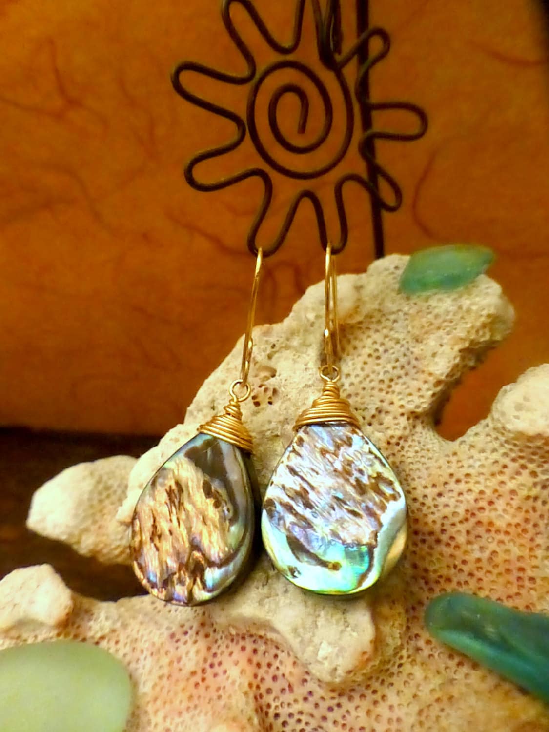 Abalone Teardrop Earrings - 14k Gold Filled Wire Wrapped - Handcrafted Fine Jewelry by ShellDance Designs, Kona Hawaii