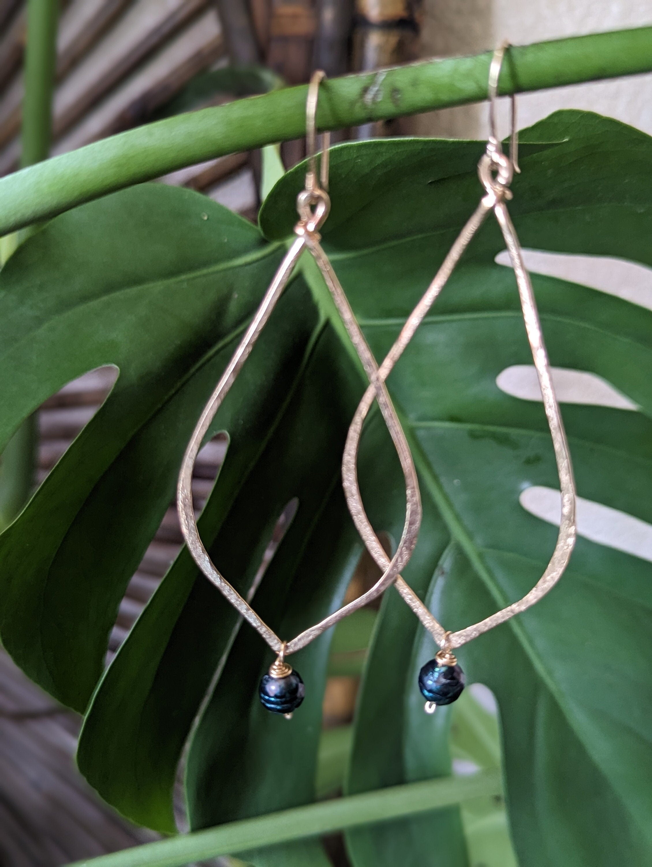 Kapua Gold Drop Earrings With Peacock Pearl - Handcrafted Fine Jewelry by ShellDance Designs, Kona Hawaii