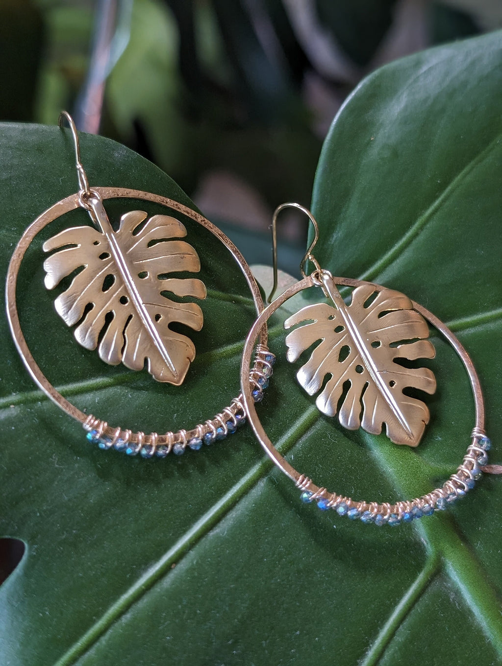Wailea Tropical Nights Monstera Hoop Earrings - Limited Edition - Handcrafted Fine Jewelry by ShellDance Designs, Kona Hawaii