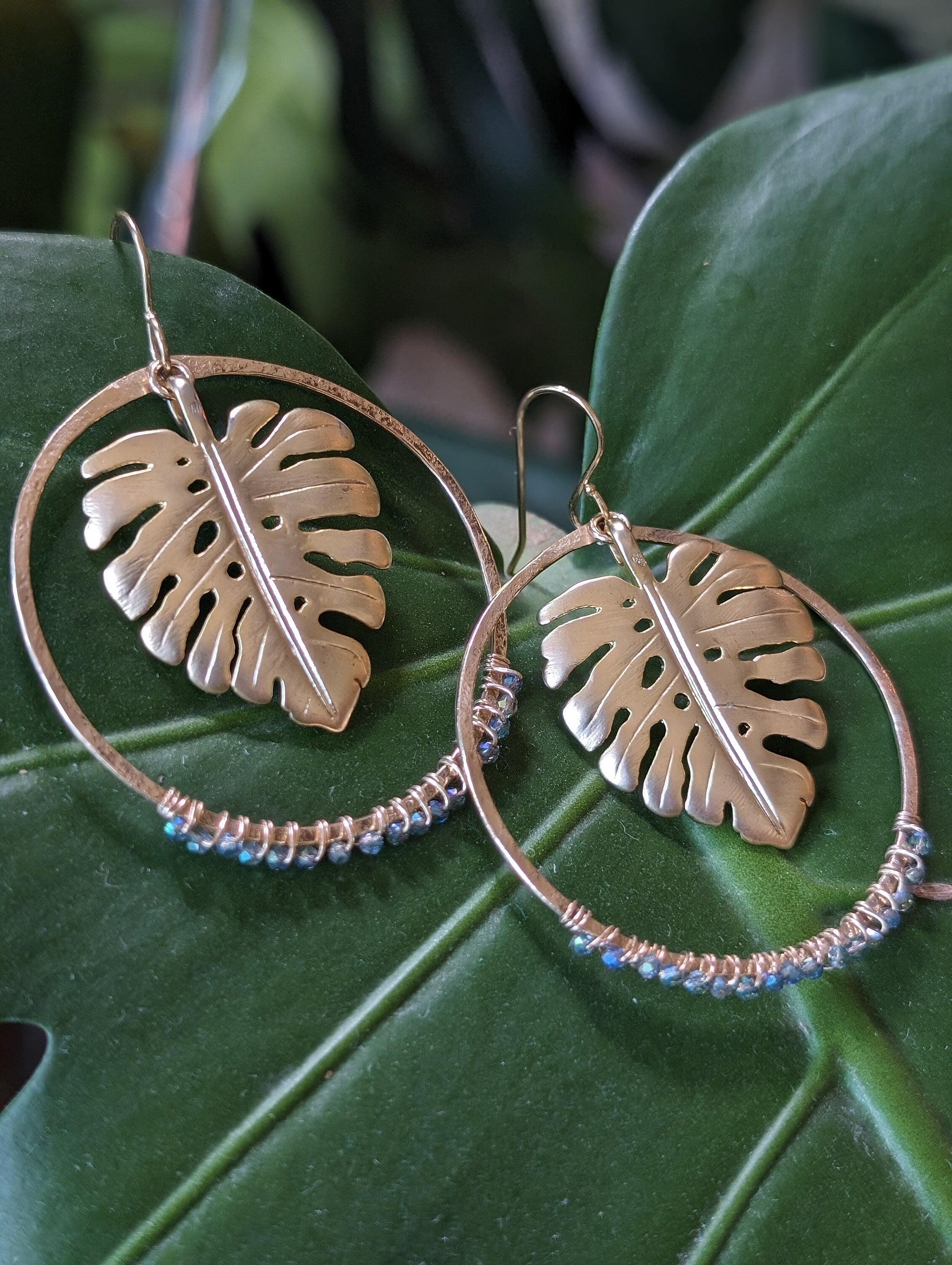 Wailea Tropical Nights Monstera Hoop Earrings - Limited Edition - Handcrafted Fine Jewelry by ShellDance Designs, Kona Hawaii