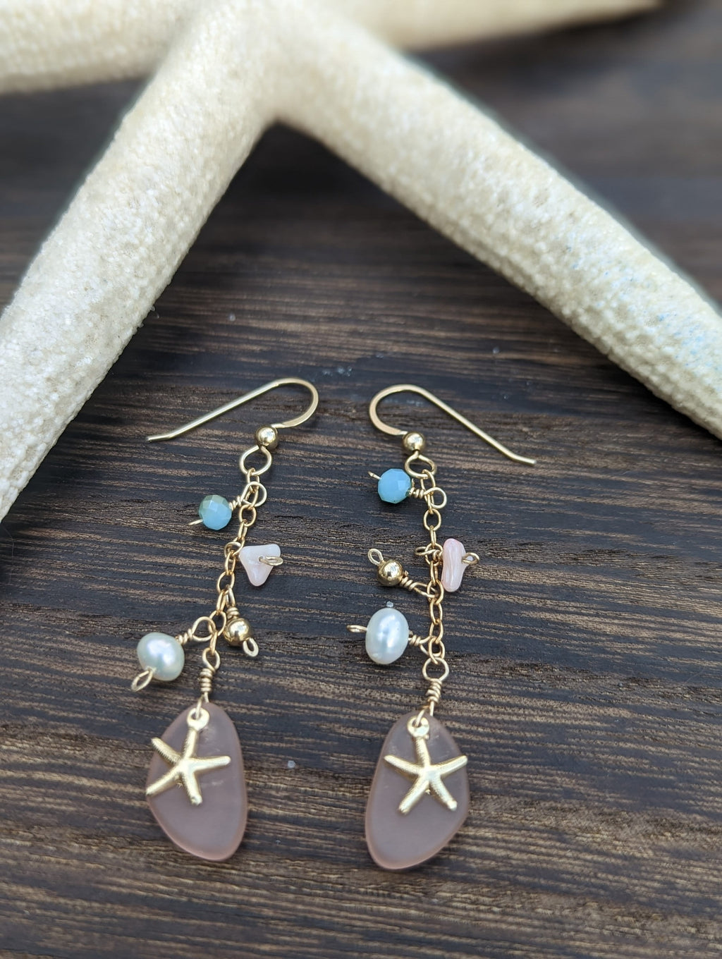 Seaglass Starfish Dangle Earrings - 14k Gold Filled - Handcrafted Fine Jewelry by ShellDance Designs, Kona Hawaii