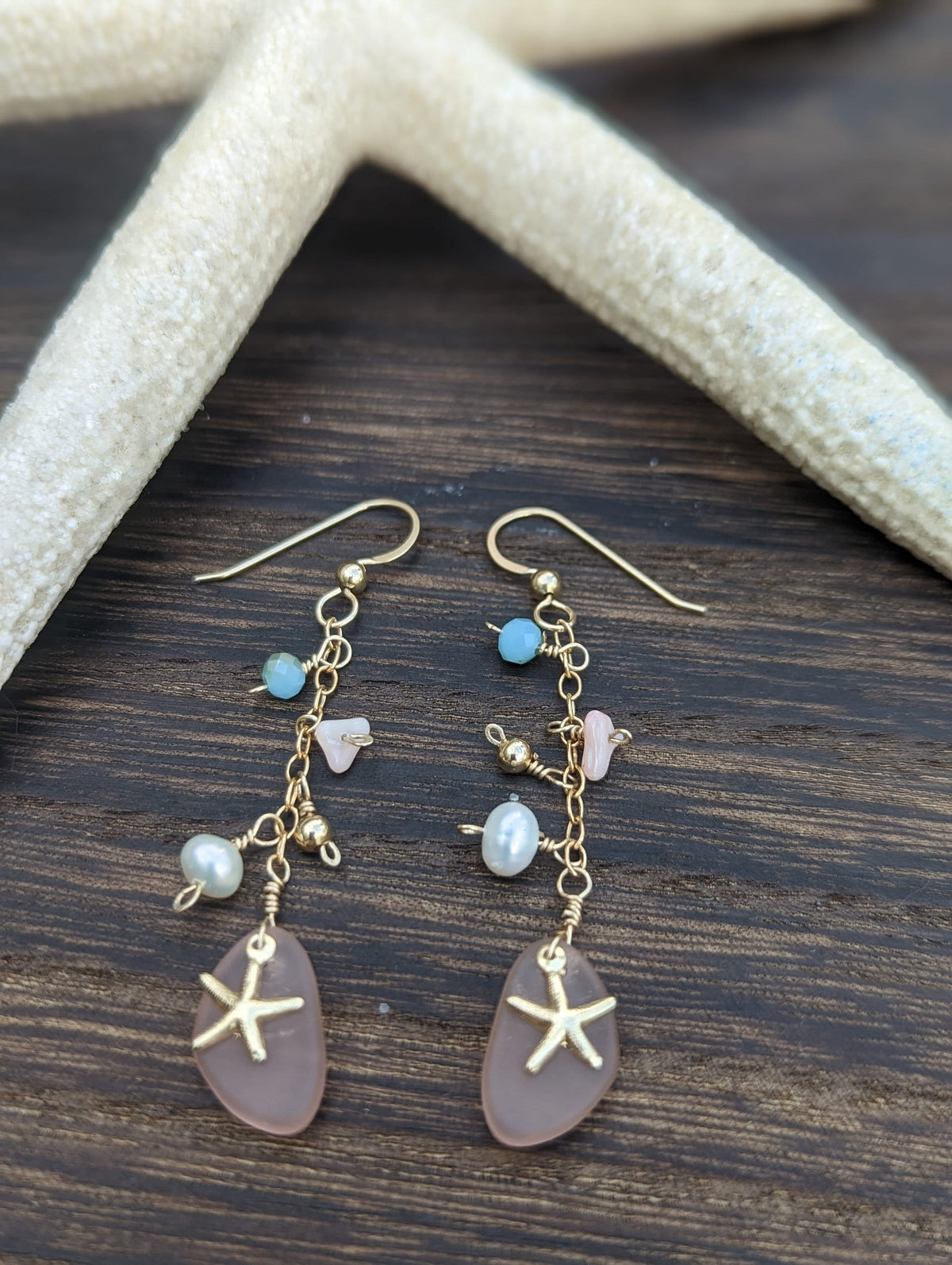Seaglass Starfish Dangle Earrings - 14k Gold Filled - Handcrafted Fine Jewelry by ShellDance Designs, Kona Hawaii