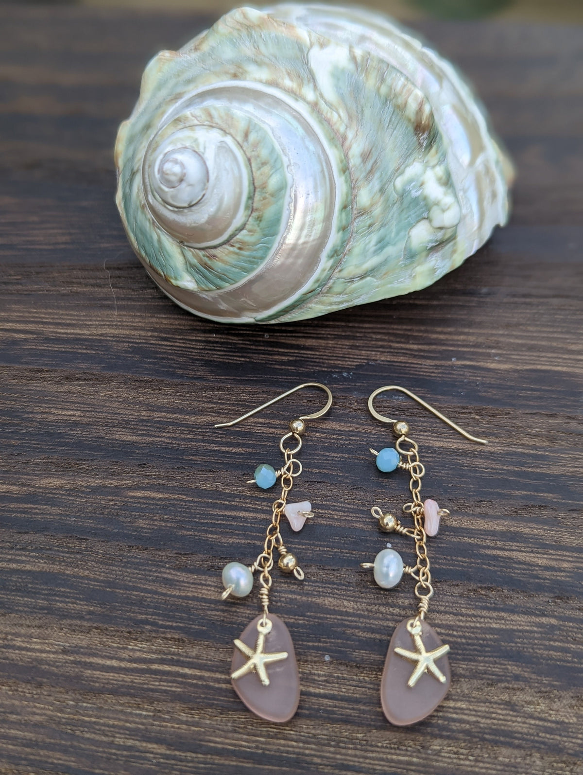 Seaglass Starfish Dangle Earrings - 14k Gold Filled - Handcrafted Fine Jewelry by ShellDance Designs, Kona Hawaii