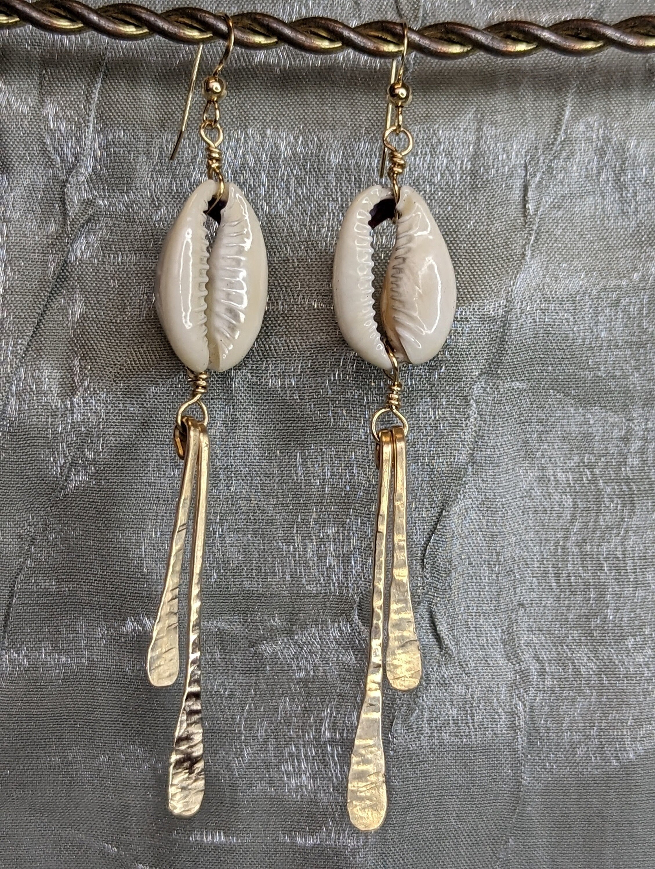 Poipu Cowrie Shell Dangles - Gold Bar Drop Earrings - Handcrafted Fine Jewelry by ShellDance Designs, Kona Hawaii