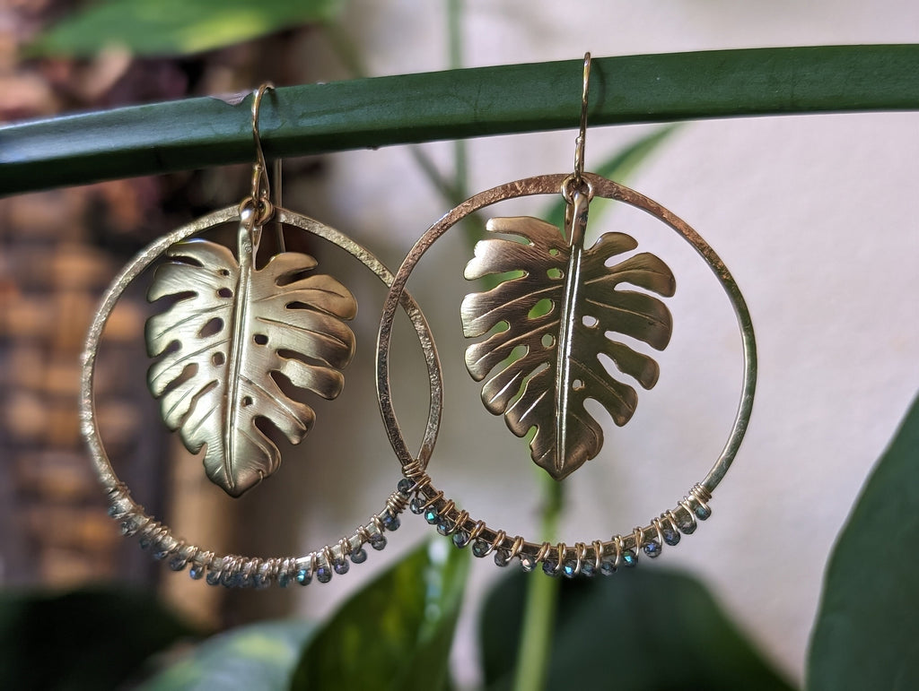 Wailea Tropical Nights Monstera Hoop Earrings - Limited Edition - Handcrafted Fine Jewelry by ShellDance Designs, Kona Hawaii