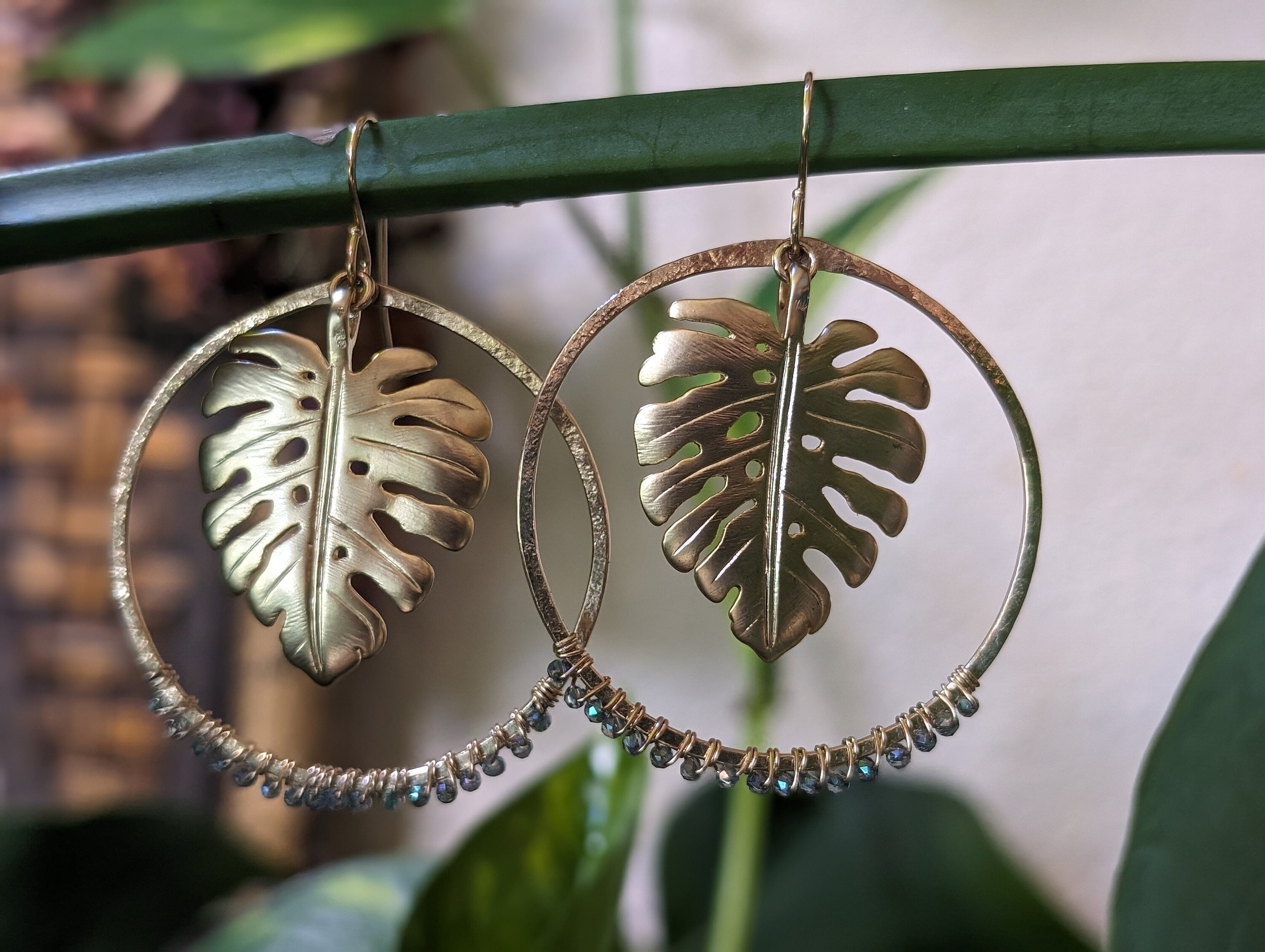 Wailea Tropical Nights Monstera Hoop Earrings - Limited Edition - Handcrafted Fine Jewelry by ShellDance Designs, Kona Hawaii