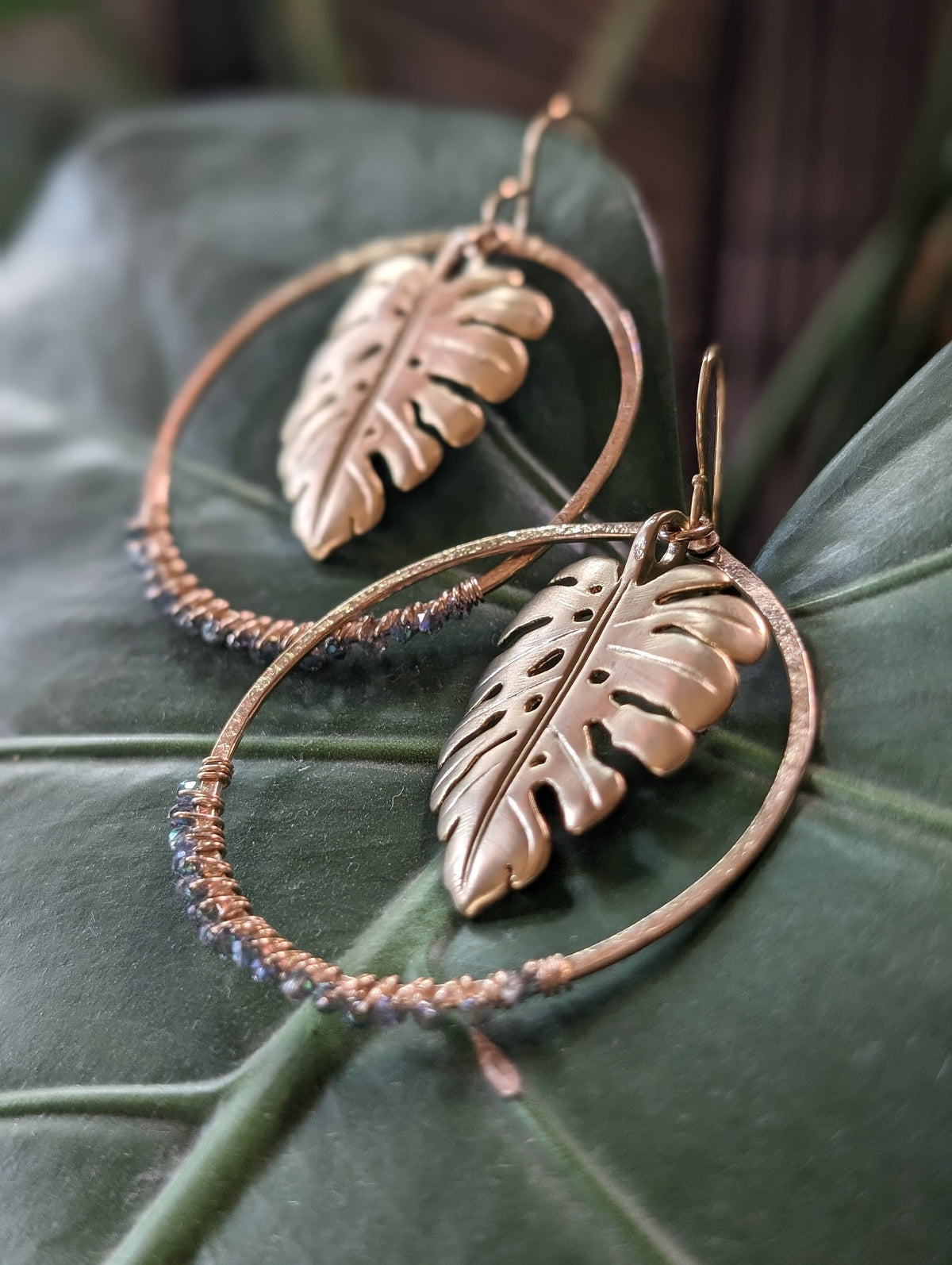 Wailea Tropical Nights Monstera Hoop Earrings - Limited Edition - Handcrafted Fine Jewelry by ShellDance Designs, Kona Hawaii