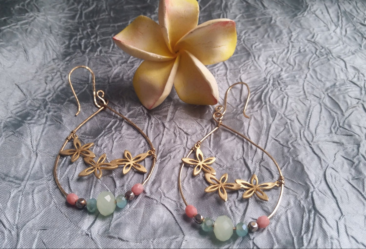 Plumeria Hoop Earrings - Coral & Aqua Beaded Teardrops - Handcrafted Fine Jewelry by ShellDance Designs, Kona Hawaii