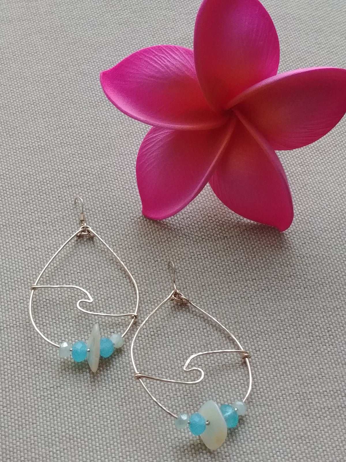 Dainty Wave Teardrop Earrings - Sea Blue Beaded Hoops - Handcrafted Fine Jewelry by ShellDance Designs, Kona Hawaii