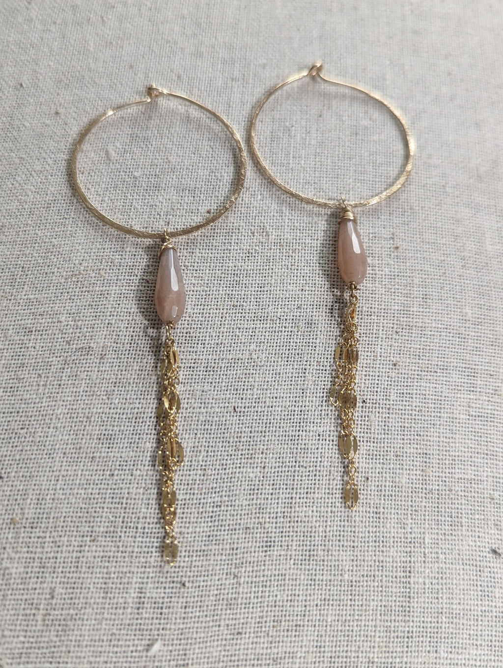 Kala Queen Of The Night Earrings - Hoop Peach Moonstone Chain Earrings - Handcrafted Fine Jewelry by ShellDance Designs, Kona Hawaii