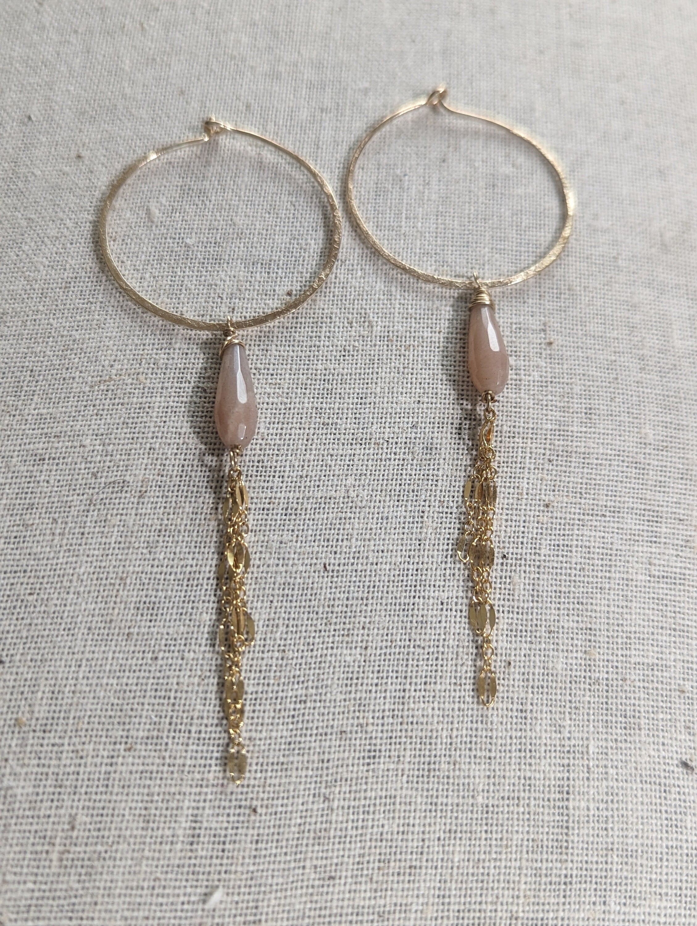 Kala Queen Of The Night Earrings - Hoop Peach Moonstone Chain Earrings - Handcrafted Fine Jewelry by ShellDance Designs, Kona Hawaii