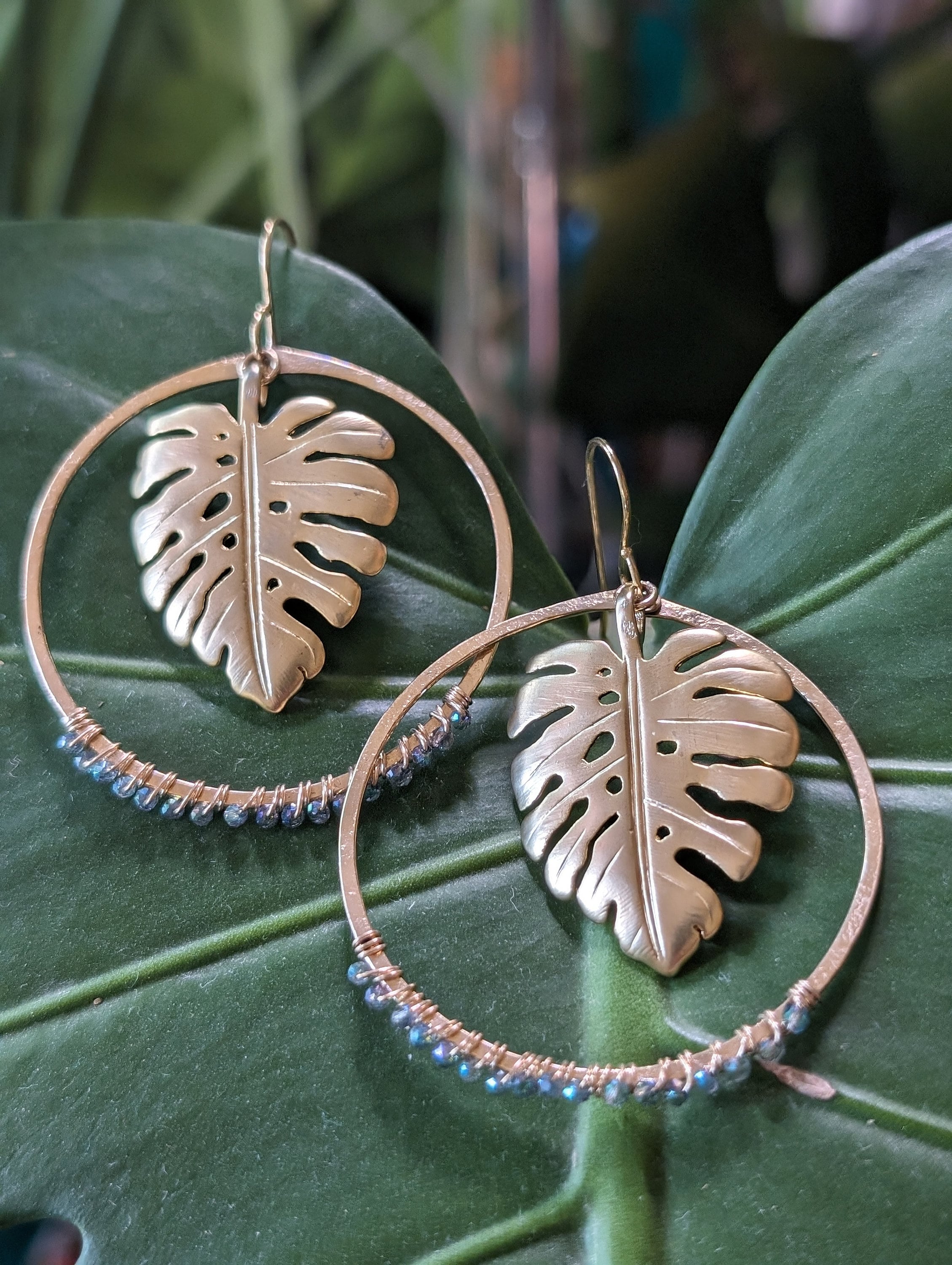 Wailea Tropical Nights Monstera Hoop Earrings - Limited Edition - Handcrafted Fine Jewelry by ShellDance Designs, Kona Hawaii