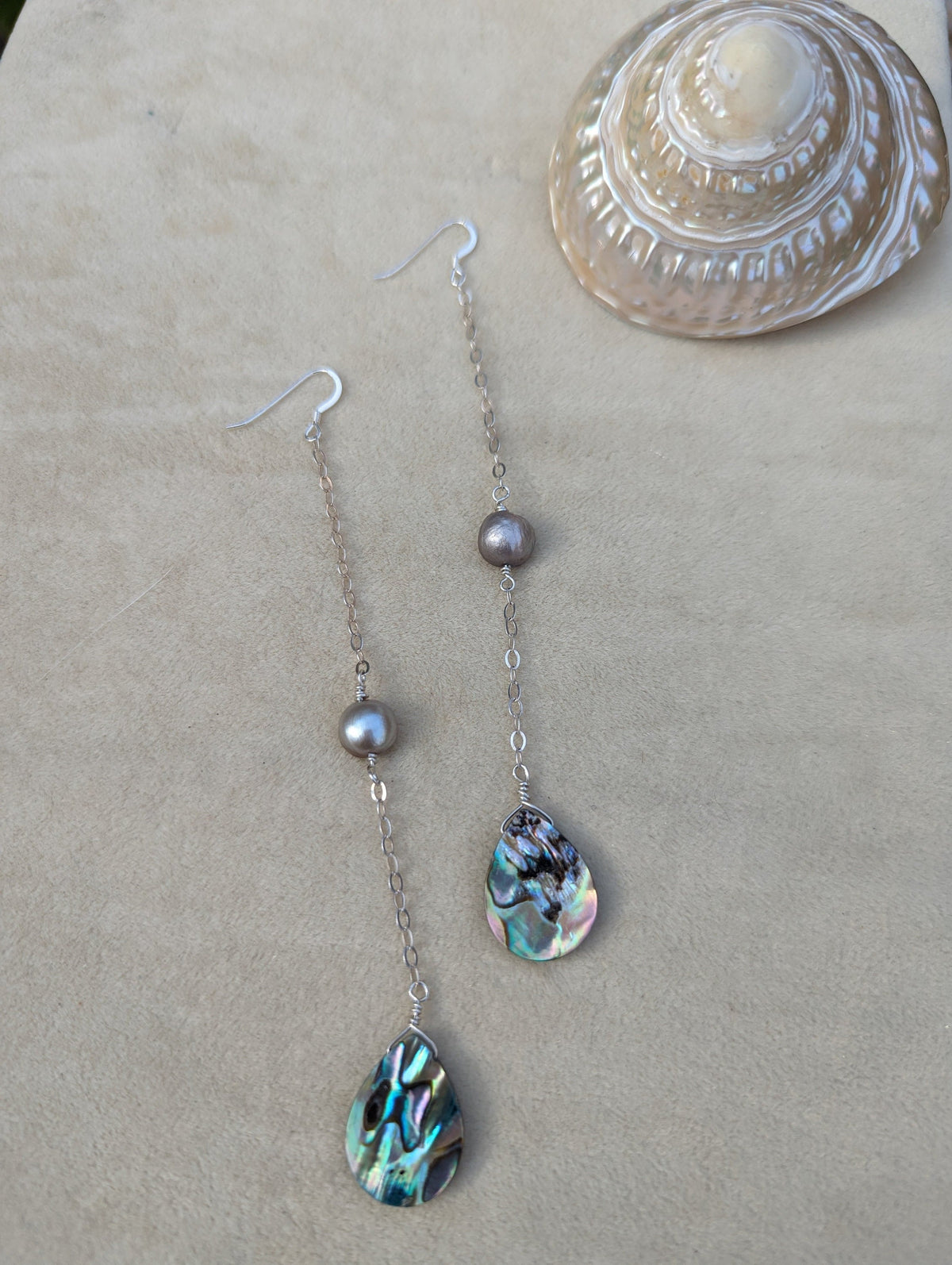 Long Abalone Chain Earrings - Handcrafted Fine Jewelry by ShellDance Designs, Kona Hawaii