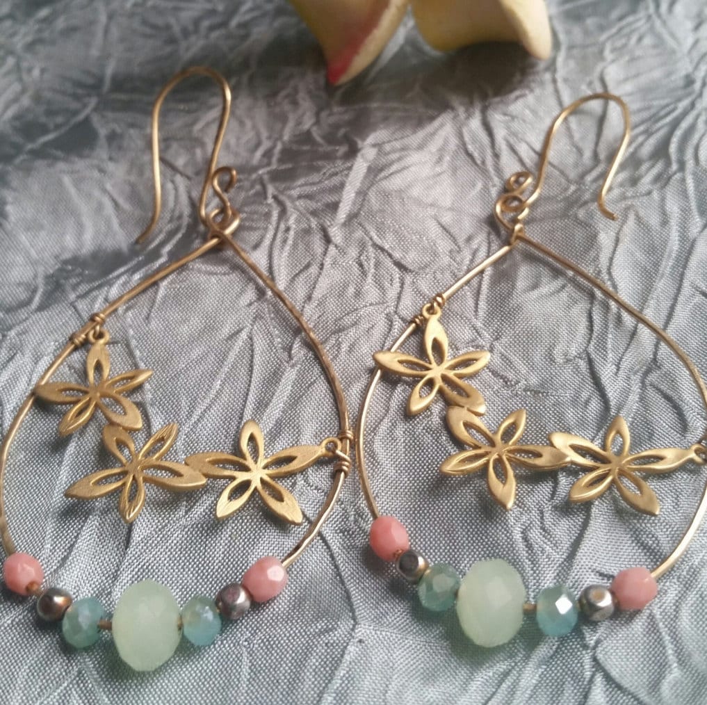 Plumeria Hoop Earrings - Coral & Aqua Beaded Teardrops - Handcrafted Fine Jewelry by ShellDance Designs, Kona Hawaii