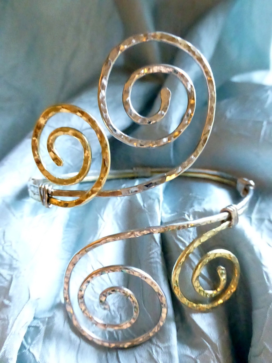 Double Swirl Arm Cuff - Silver & Gold Wire Wrap Bracelet - Handcrafted Fine Jewelry by ShellDance Designs, Kona Hawaii