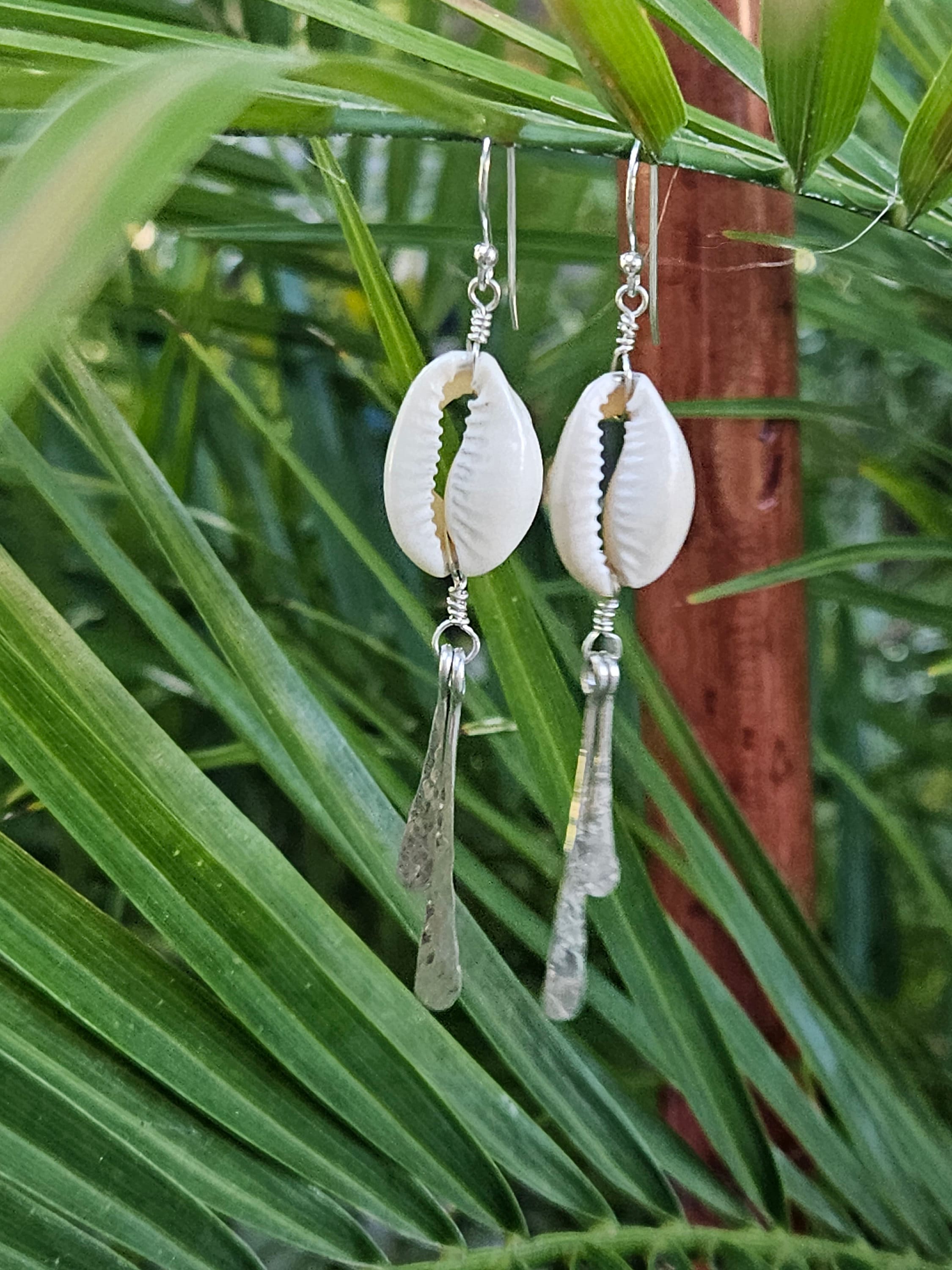 Poipu Cowrie Shell Dangles - Gold Bar Drop Earrings - Handcrafted Fine Jewelry by ShellDance Designs, Kona Hawaii