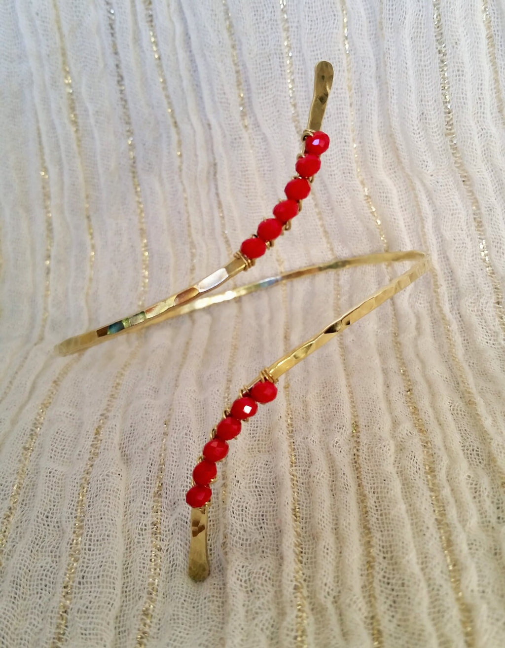 Nohea Hammered Wire Upper Arm Cuff With Red Glass Beads - Handcrafted Fine Jewelry by ShellDance Designs, Kona Hawaii