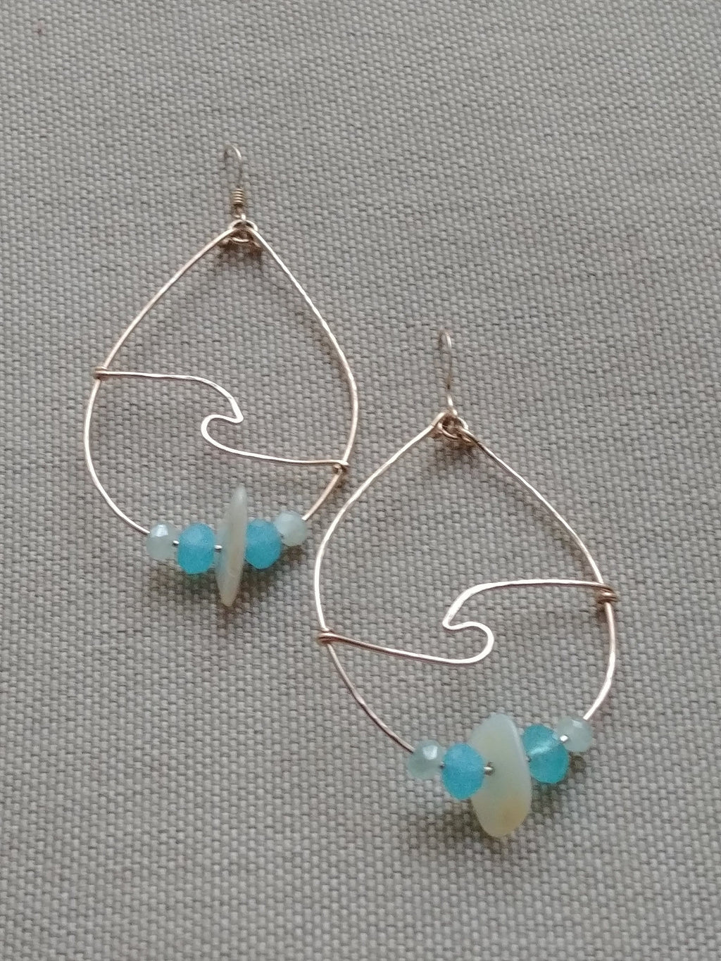 Dainty Wave Teardrop Earrings - Sea Blue Beaded Hoops - Handcrafted Fine Jewelry by ShellDance Designs, Kona Hawaii