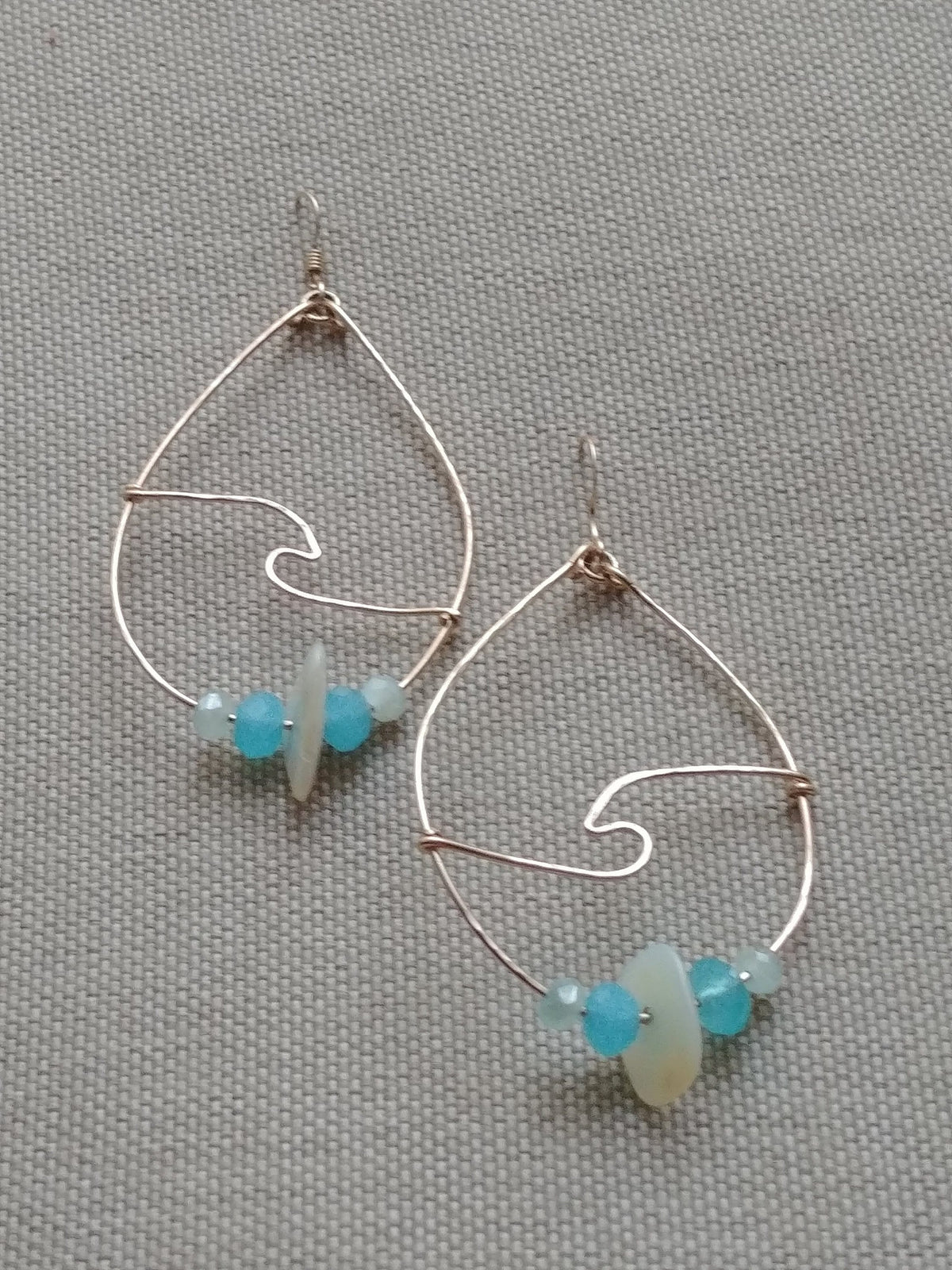 Dainty Wave Teardrop Earrings - Sea Blue Beaded Hoops - Handcrafted Fine Jewelry by ShellDance Designs, Kona Hawaii