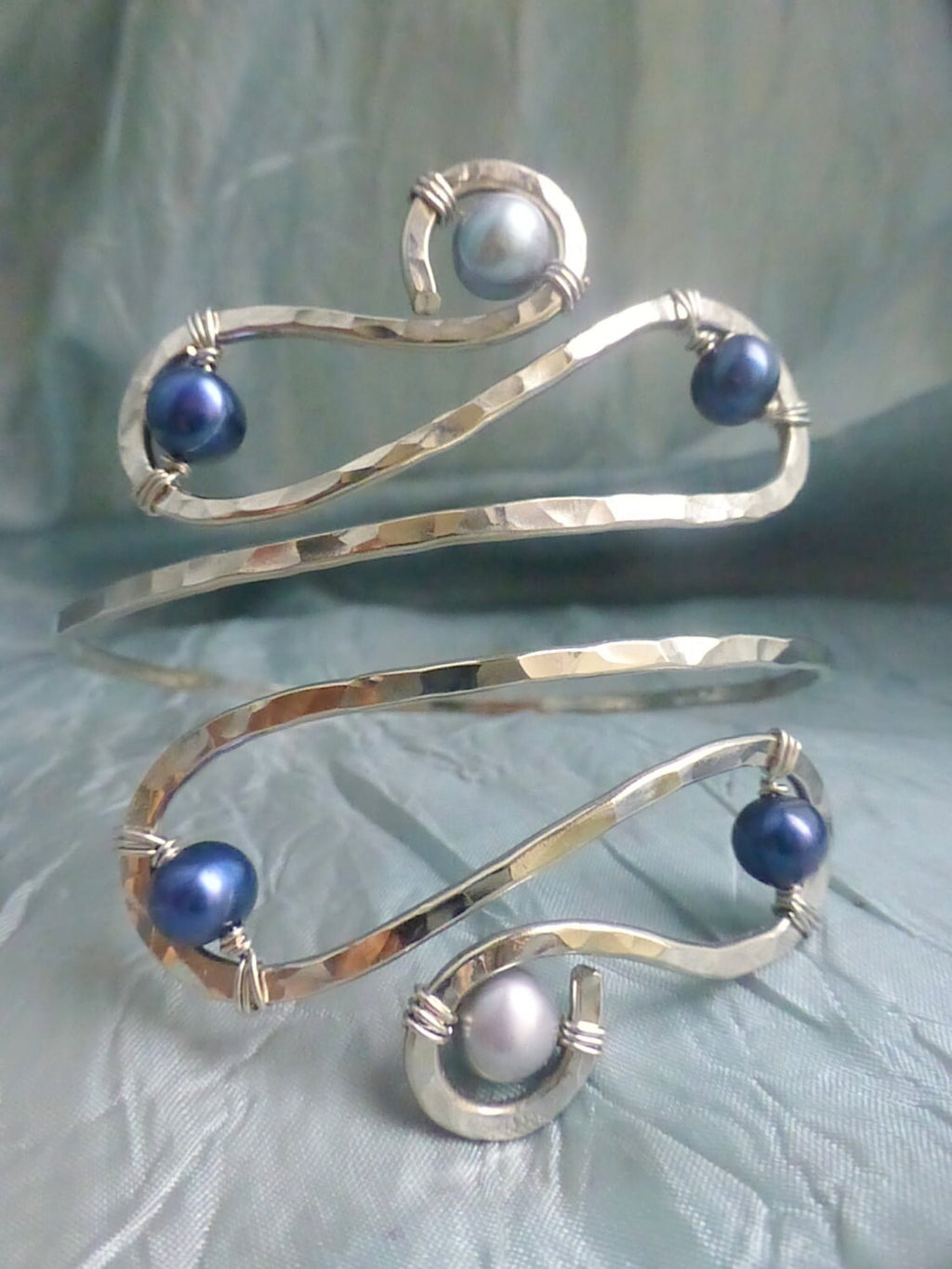 Aonani Hammered Silver Upper Arm Cuff With Freshwater Pearls - Handcrafted Fine Jewelry by ShellDance Designs, Kona Hawaii
