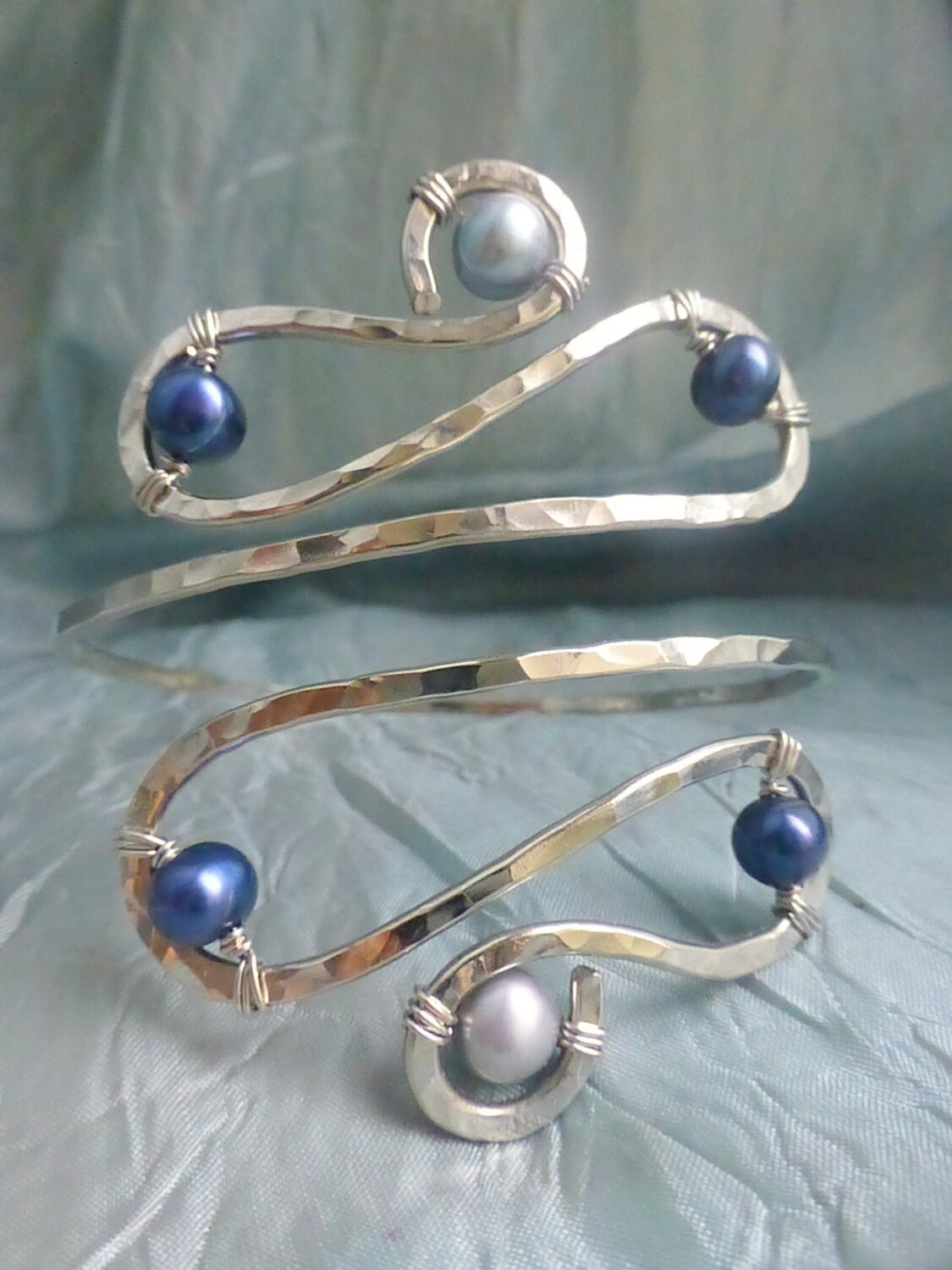 Aonani Hammered Silver Upper Arm Cuff With Freshwater Pearls - Handcrafted Fine Jewelry by ShellDance Designs, Kona Hawaii