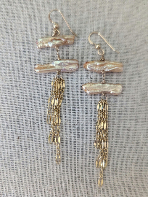 Hana Mermaid Queen Earrings - Biwah Pearl Chain Dangle Earrings - Handcrafted Fine Jewelry by ShellDance Designs, Kona Hawaii
