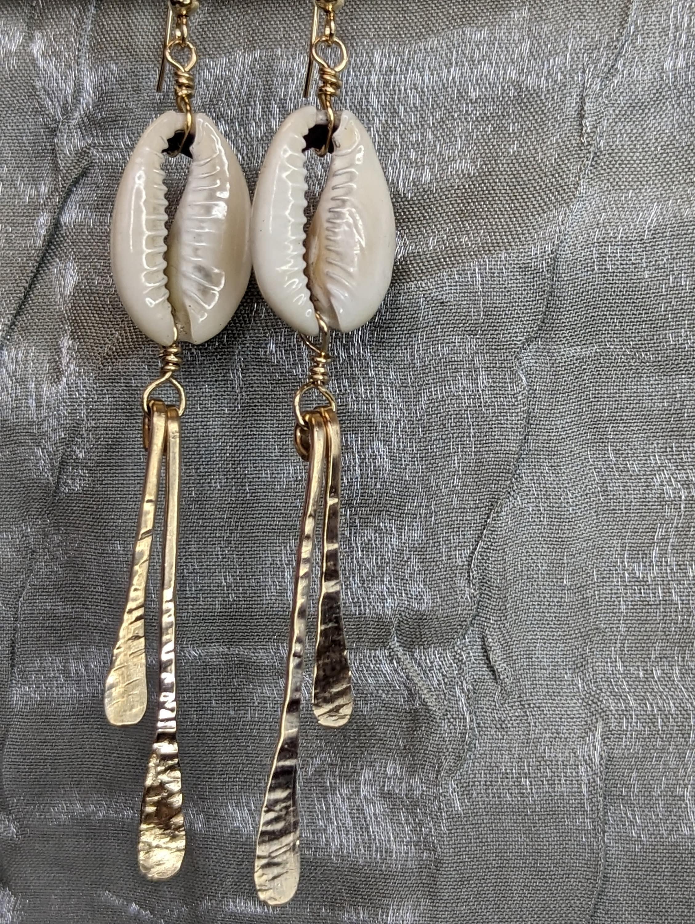 Poipu Cowrie Shell Dangles - Gold Bar Drop Earrings - Handcrafted Fine Jewelry by ShellDance Designs, Kona Hawaii