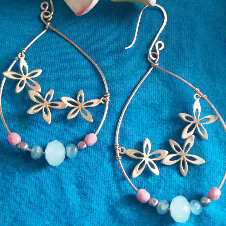 Plumeria Hoop Earrings - Coral & Aqua Beaded Teardrops - Handcrafted Fine Jewelry by ShellDance Designs, Kona Hawaii