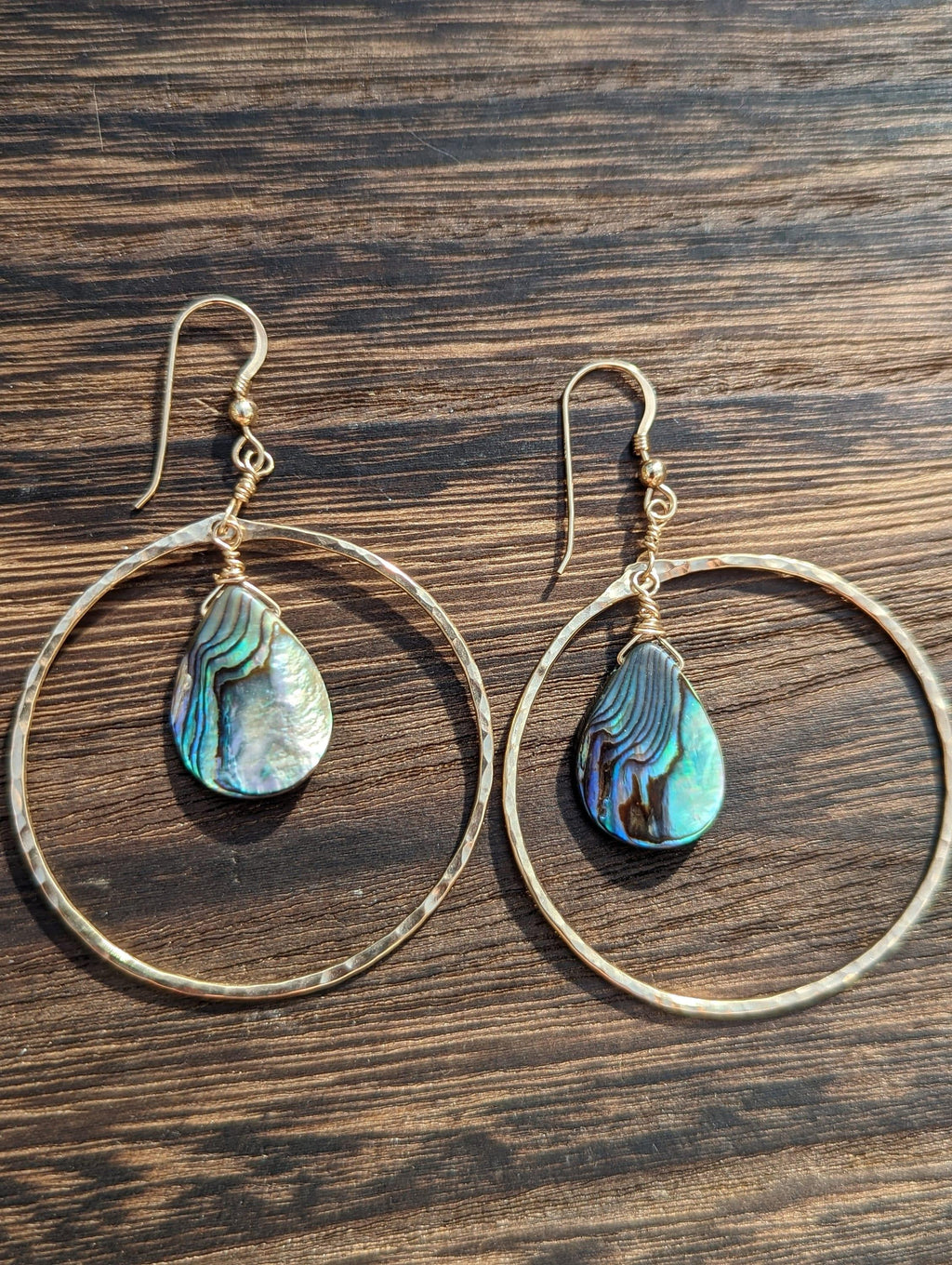 Kai Abalone Shell Hoop Earrings - Hammered Gold - Handcrafted Fine Jewelry by ShellDance Designs, Kona Hawaii