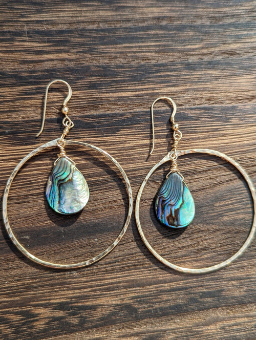 Kai Abalone Shell Hoop Earrings - Hammered Gold - Handcrafted Fine Jewelry by ShellDance Designs, Kona Hawaii