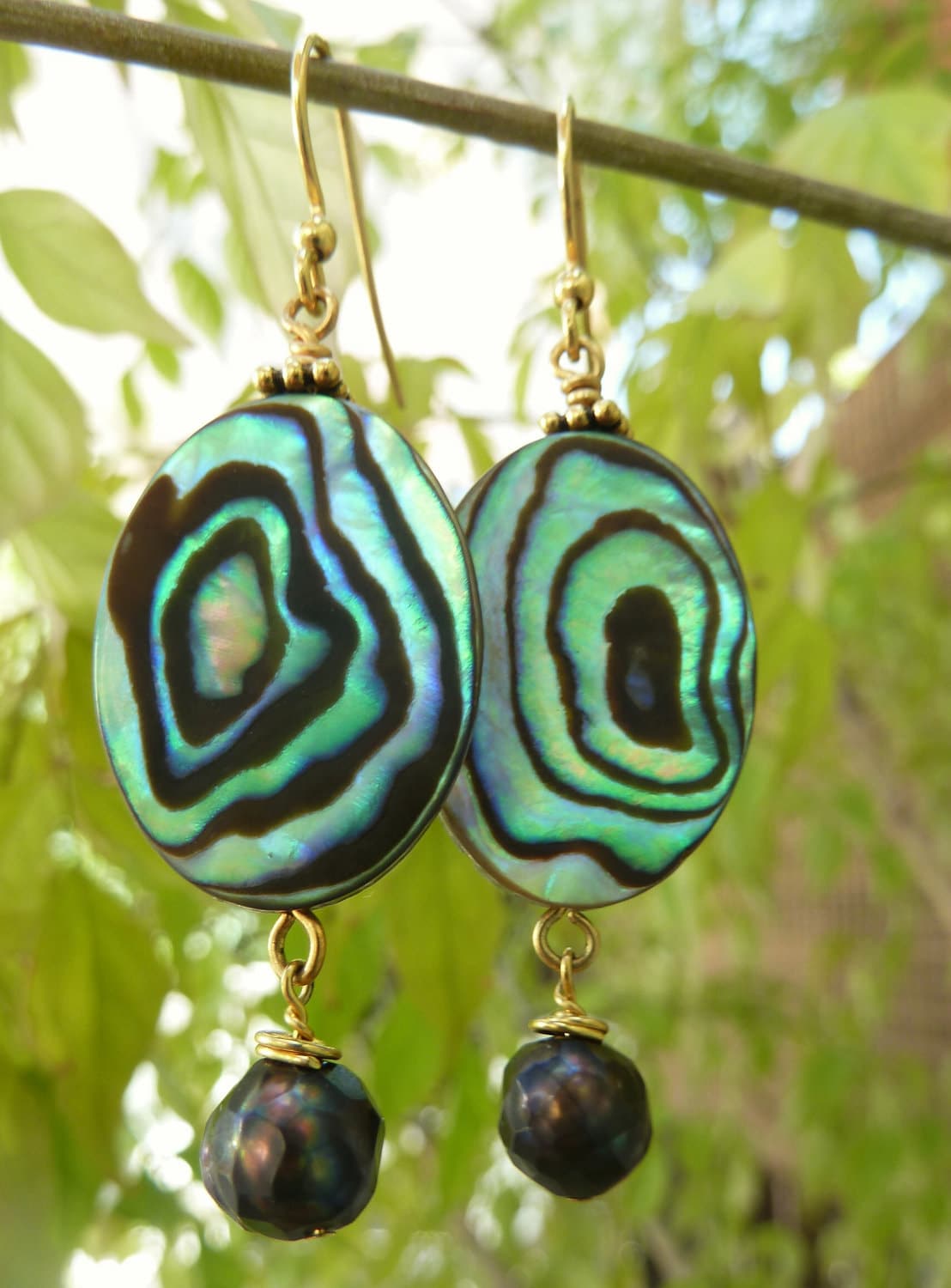 Abalone Shell Earrings - Peacock Pearl Dangles - Handcrafted Fine Jewelry by ShellDance Designs, Kona Hawaii
