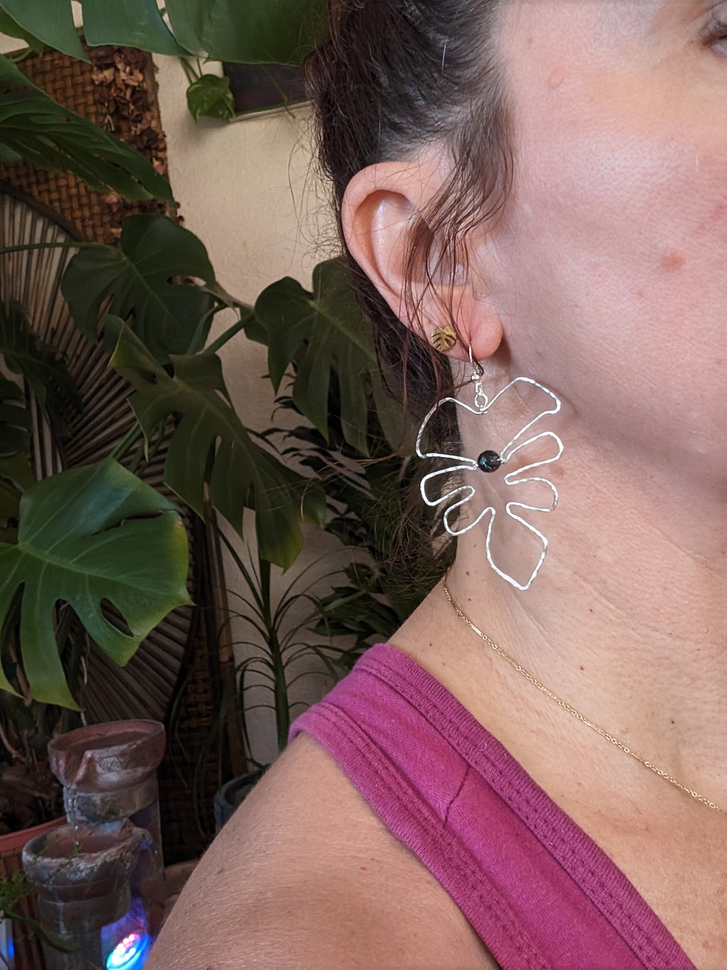Handmade Monstera Leaf Earrings - 14k Gold - Handcrafted Fine Jewelry by ShellDance Designs, Kona Hawaii