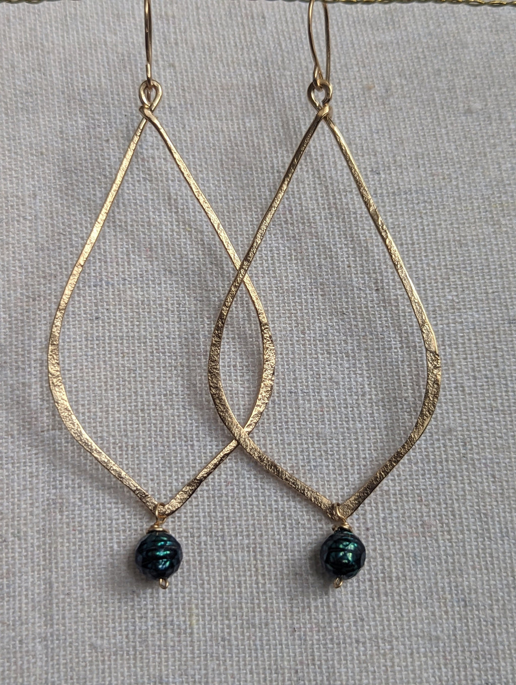 Kapua Gold Drop Earrings With Peacock Pearl - Handcrafted Fine Jewelry by ShellDance Designs, Kona Hawaii