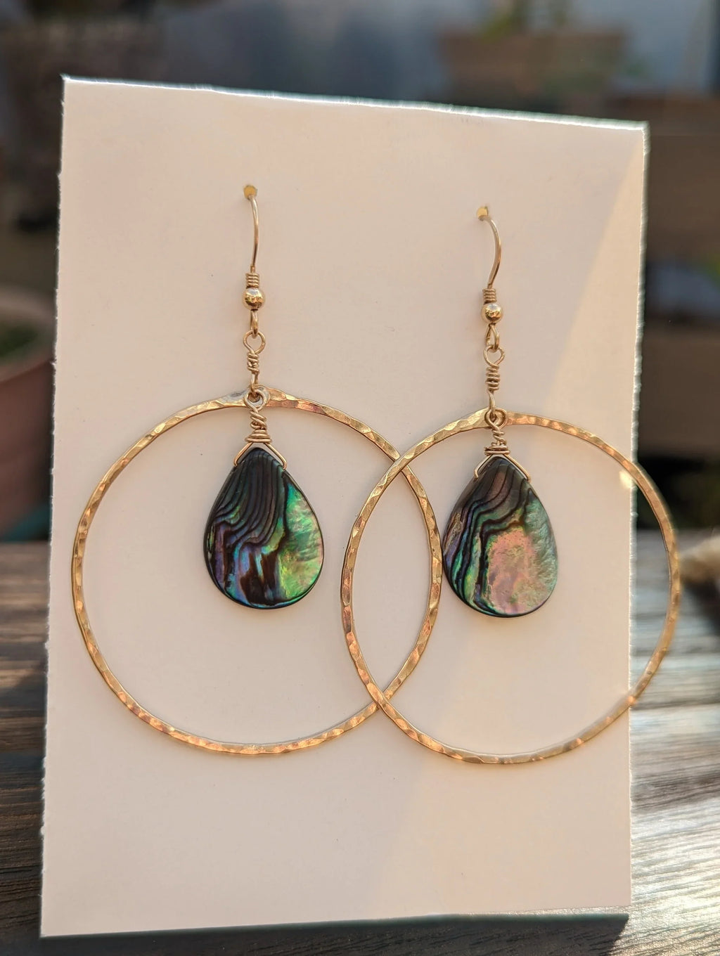 Kai Abalone Shell Hoop Earrings - Hammered Gold - Handcrafted Fine Jewelry by ShellDance Designs, Kona Hawaii