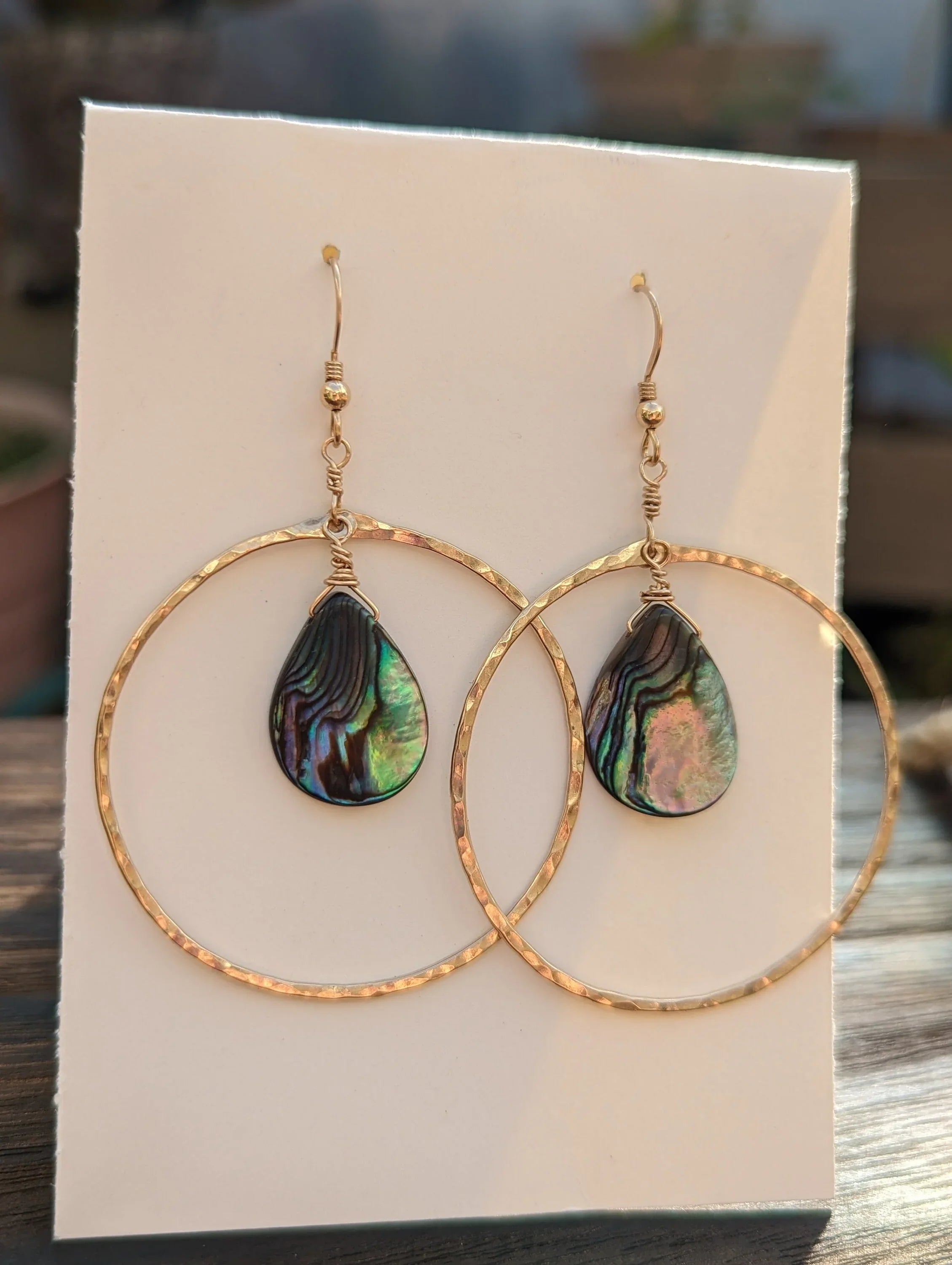 Kai Abalone Shell Hoop Earrings - Hammered Gold - Handcrafted Fine Jewelry by ShellDance Designs, Kona Hawaii