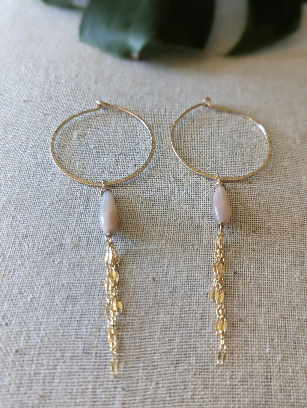 Kala Queen Of The Night Earrings - Hoop Peach Moonstone Chain Earrings - Handcrafted Fine Jewelry by ShellDance Designs, Kona Hawaii