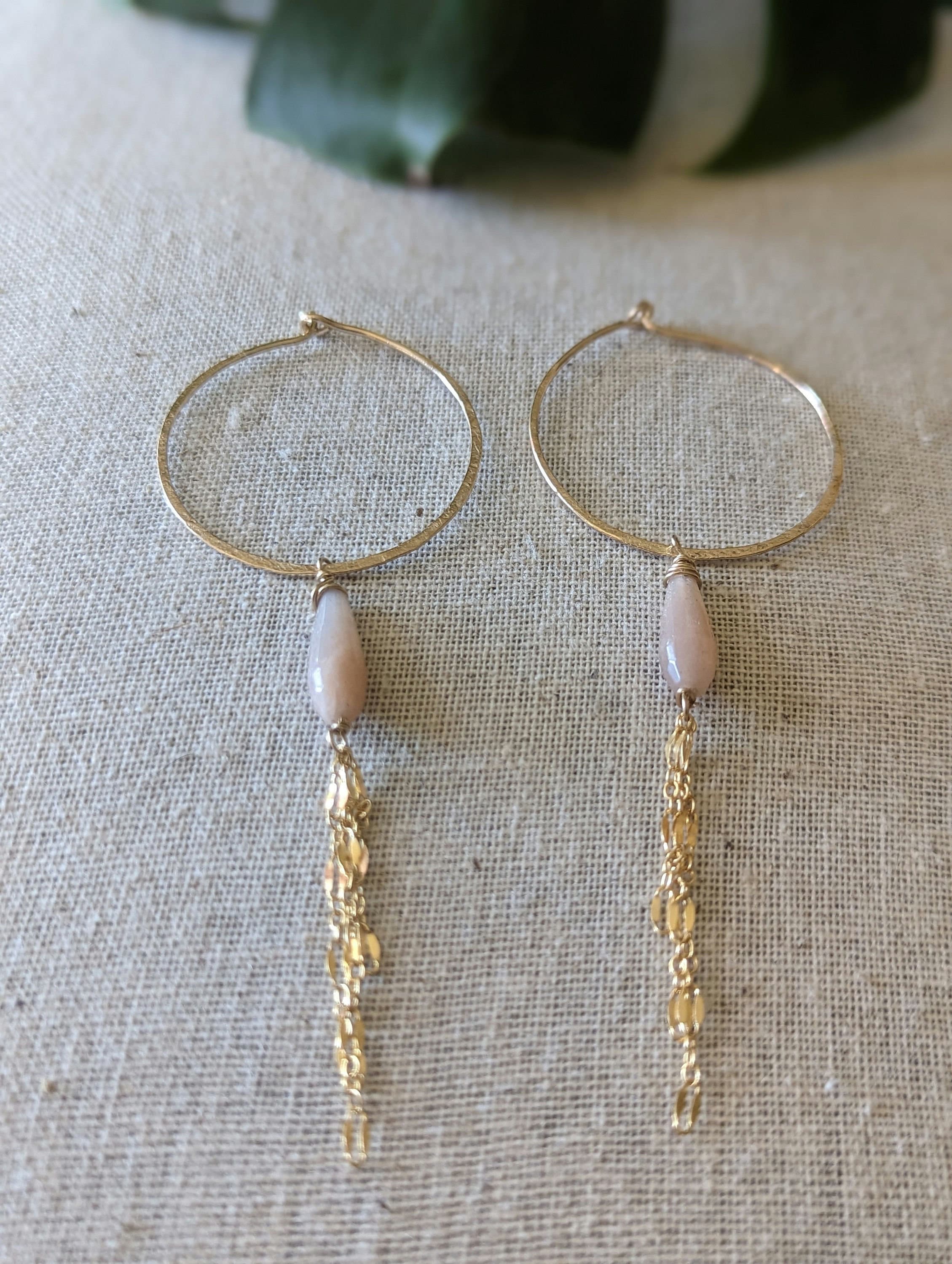 Kala Queen Of The Night Earrings - Hoop Peach Moonstone Chain Earrings - Handcrafted Fine Jewelry by ShellDance Designs, Kona Hawaii