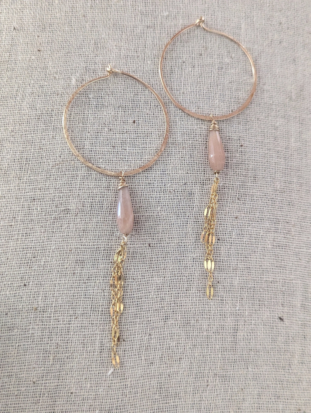 Kala Queen Of The Night Earrings - Hoop Peach Moonstone Chain Earrings - Handcrafted Fine Jewelry by ShellDance Designs, Kona Hawaii