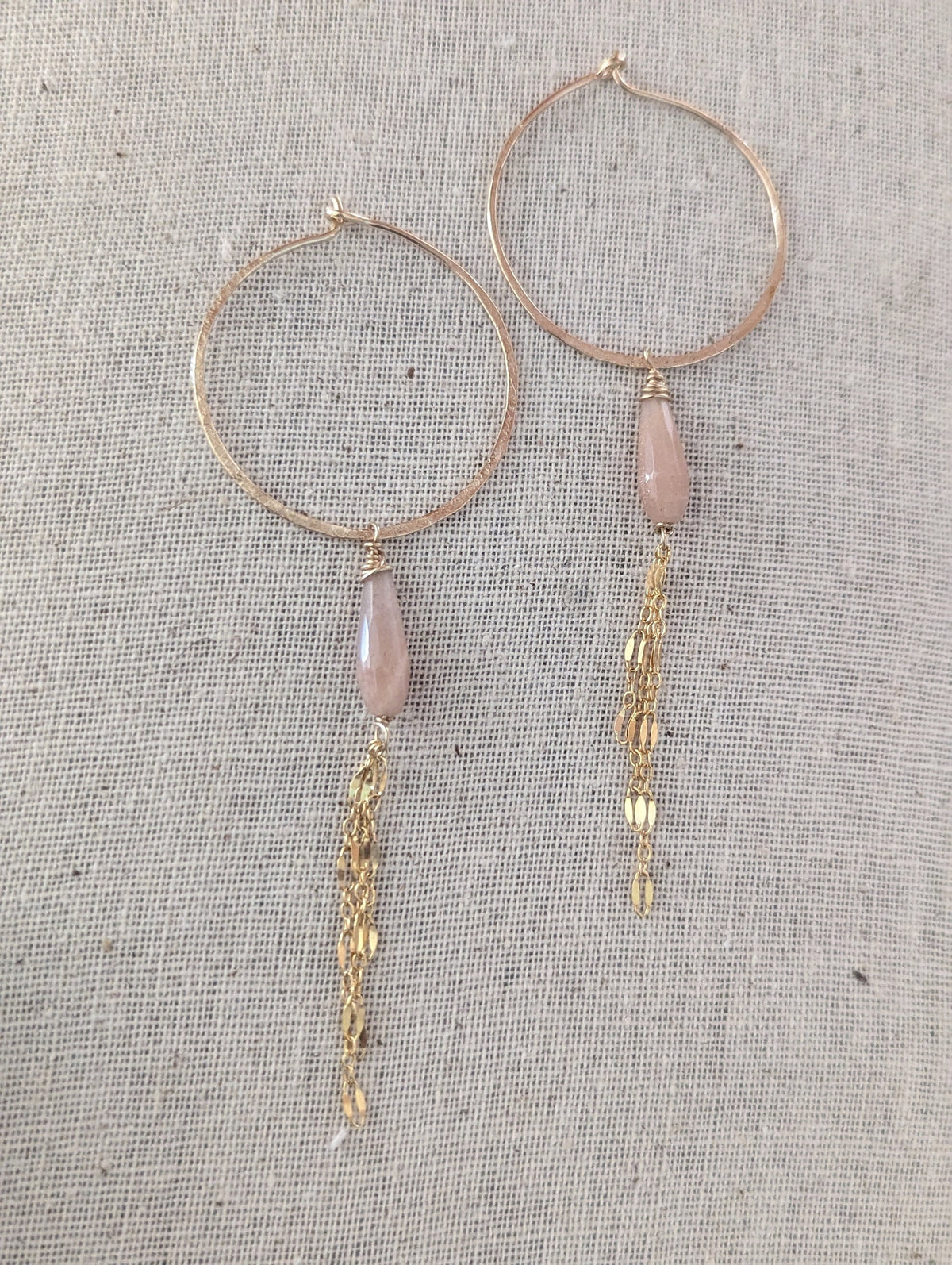 Kala Queen Of The Night Earrings - Hoop Peach Moonstone Chain Earrings - Handcrafted Fine Jewelry by ShellDance Designs, Kona Hawaii