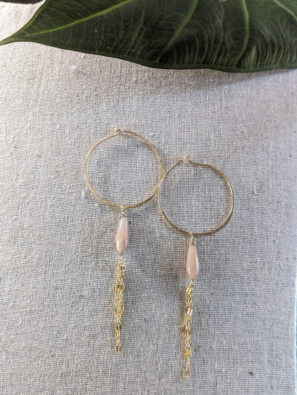 Kala Queen Of The Night Earrings - Hoop Peach Moonstone Chain Earrings - Handcrafted Fine Jewelry by ShellDance Designs, Kona Hawaii