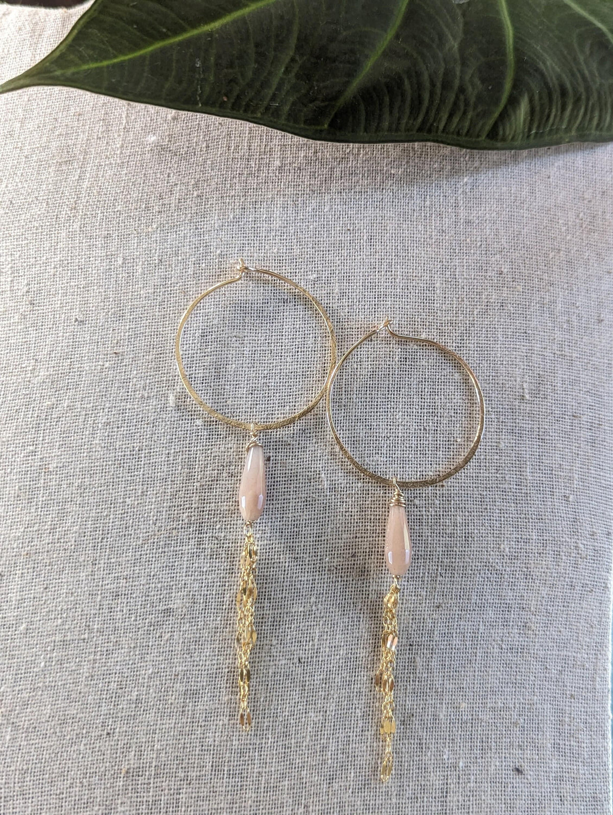 Kala Queen Of The Night Earrings - Hoop Peach Moonstone Chain Earrings - Handcrafted Fine Jewelry by ShellDance Designs, Kona Hawaii