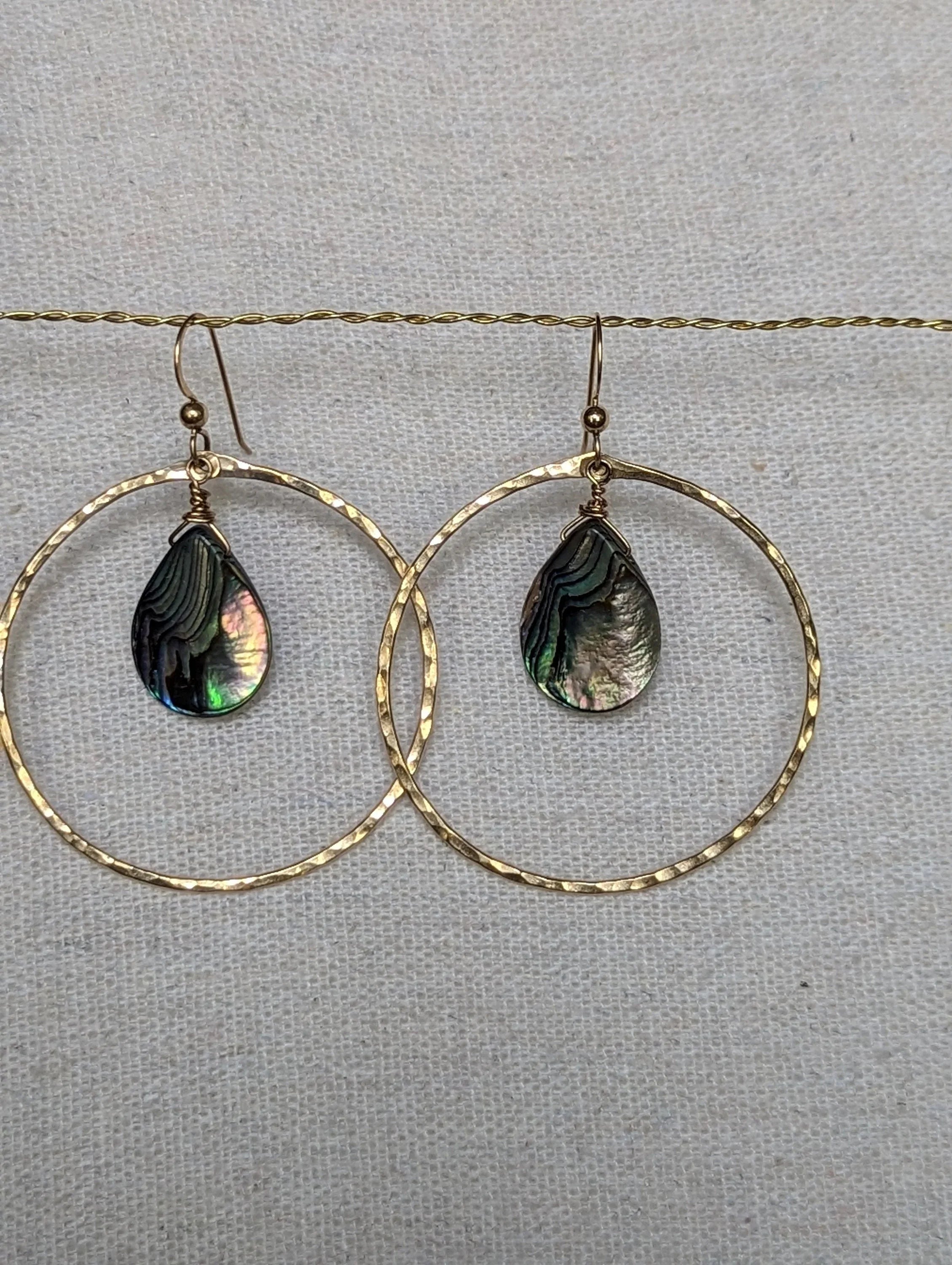 Kai Abalone Shell Hoop Earrings - Hammered Gold - Handcrafted Fine Jewelry by ShellDance Designs, Kona Hawaii