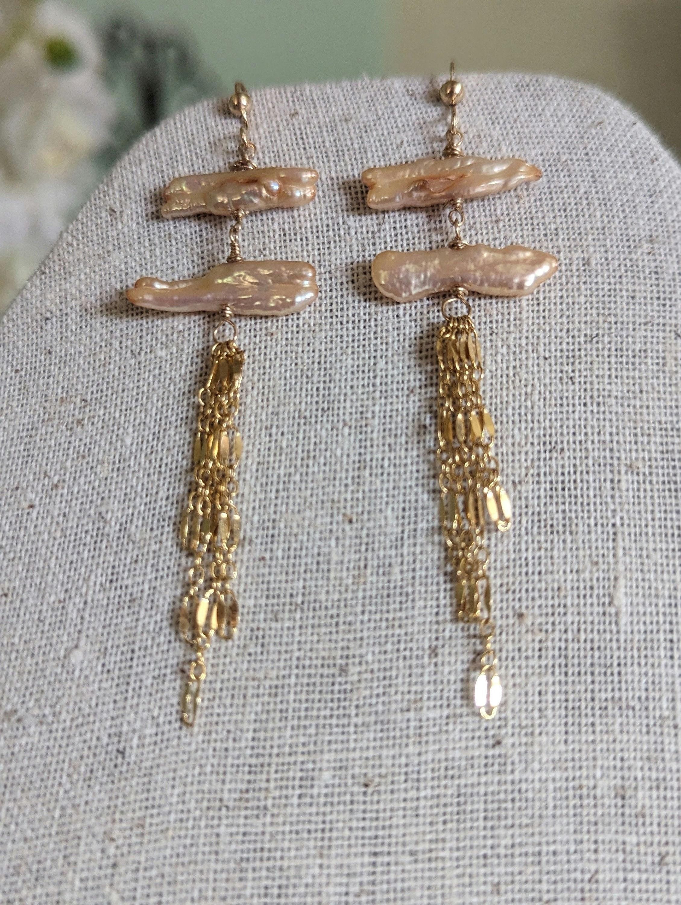 Hana Mermaid Queen Earrings - Biwah Pearl Chain Dangle Earrings - Handcrafted Fine Jewelry by ShellDance Designs, Kona Hawaii