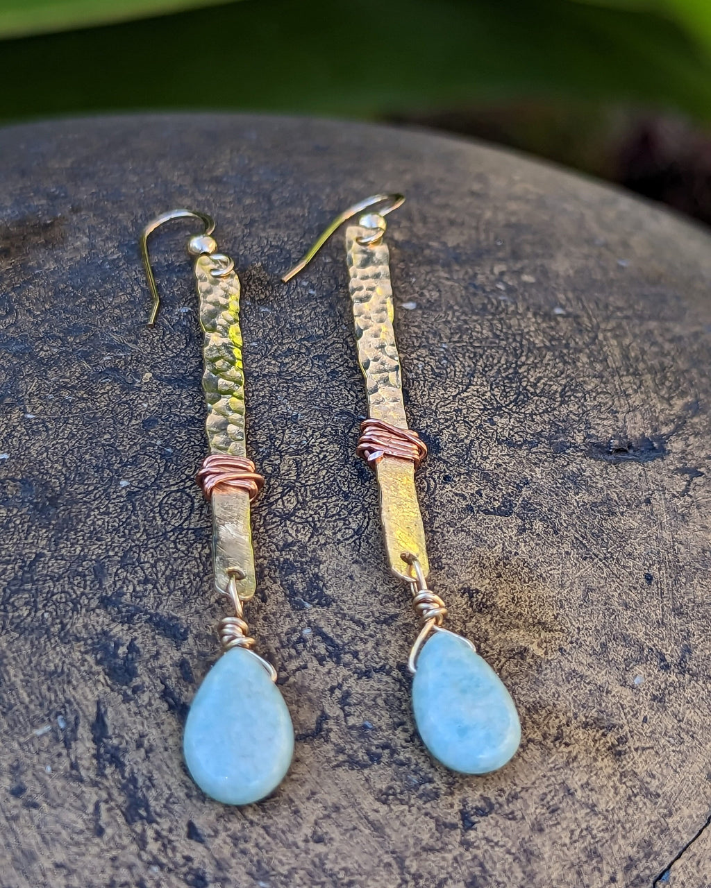 Hana Amazonite Teardrop Bar Earrings - Handcrafted Fine Jewelry by ShellDance Designs, Kona Hawaii