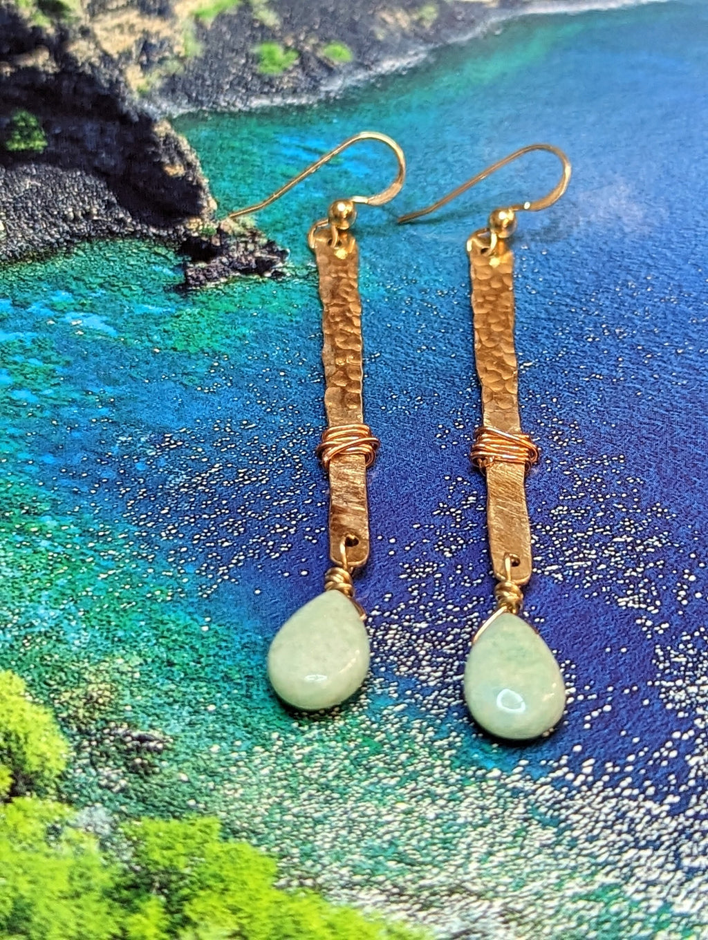 Hana Amazonite Teardrop Bar Earrings - Handcrafted Fine Jewelry by ShellDance Designs, Kona Hawaii